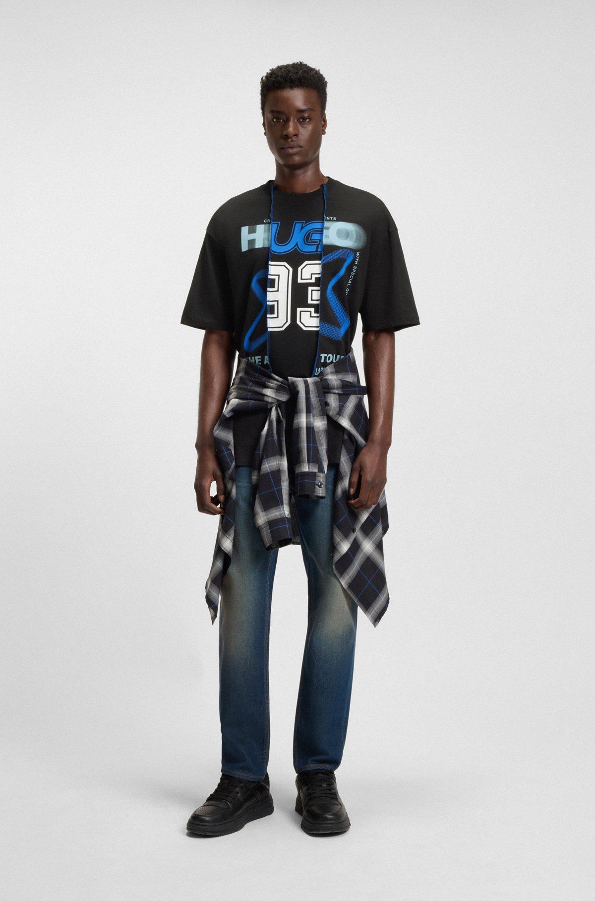 HUGO - Cotton-jersey T-shirt with layered effect - Black Product Image