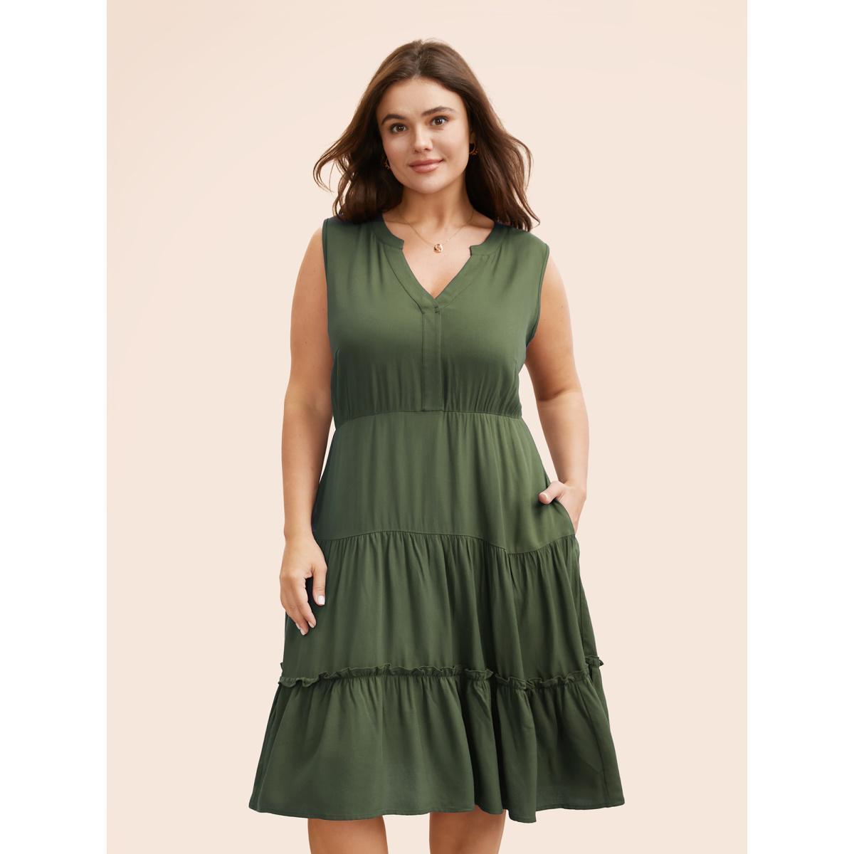 Plus Size Supersoft Essentials Notched Ruffle Layered Hem Sleeveless Dress ArmyGreen Women Elegant Gathered V-neck Sleeveless Curvy Midi Dress BloomChic 22-24/3X Product Image