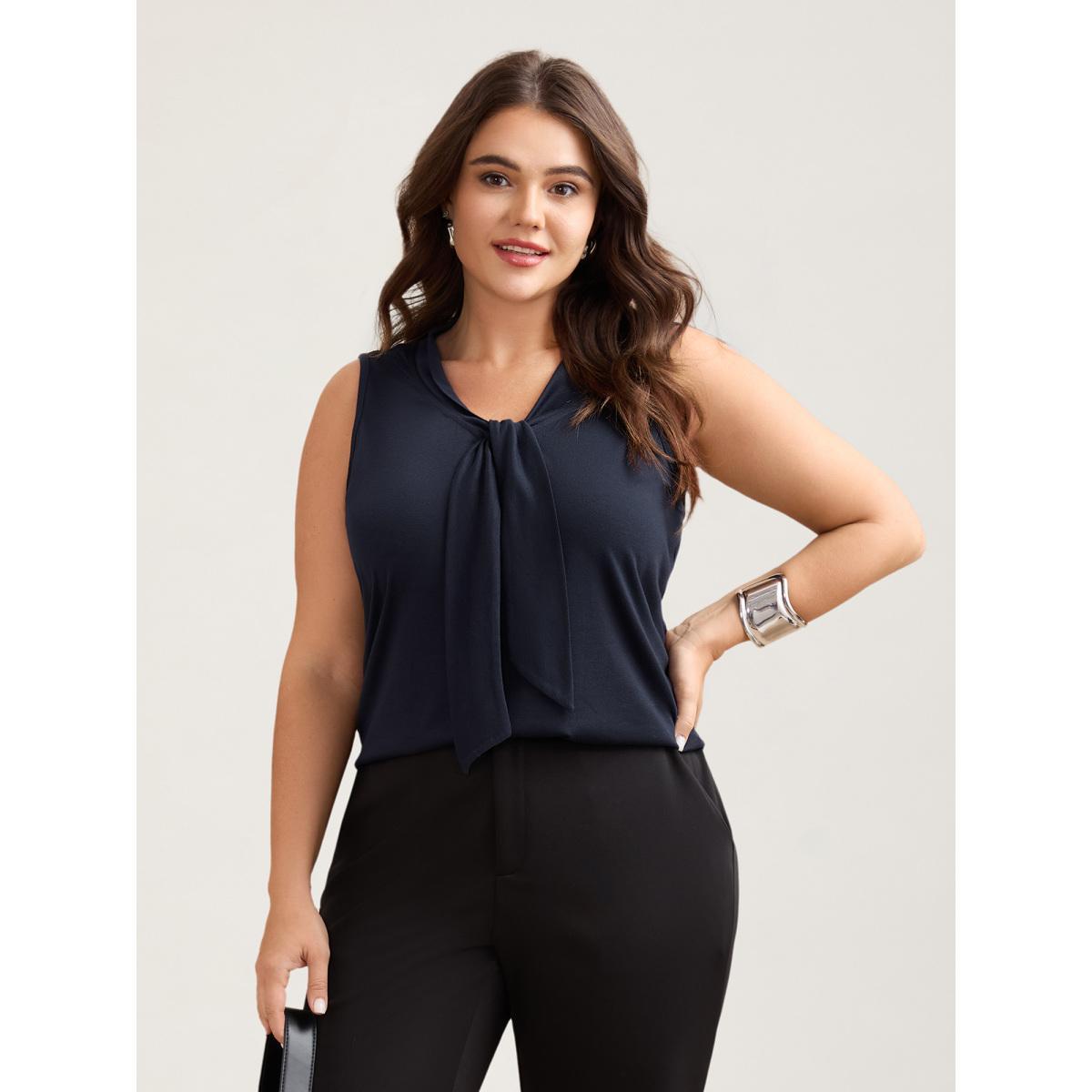 Plus Size Knotted Neckline Fitted Sleeveless Blouse Women Indigo At the Office Non Ribbon-tied collar Work Tank Tops Camis BloomChic 10/M Product Image