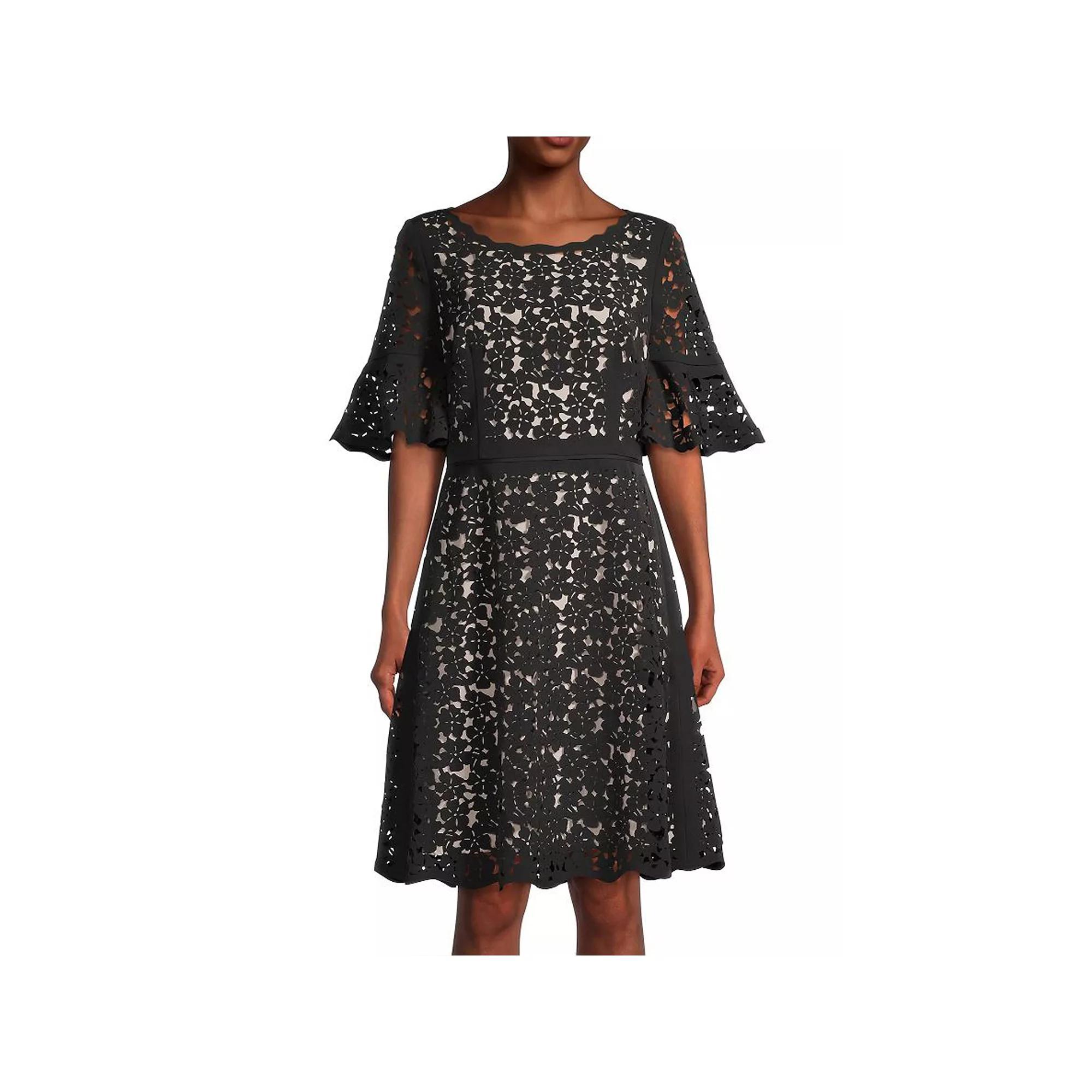 Women's Focus By Shani Fit & Flare Laser Cut Ruffle Sleeve Dress, Size: 14, Black Product Image