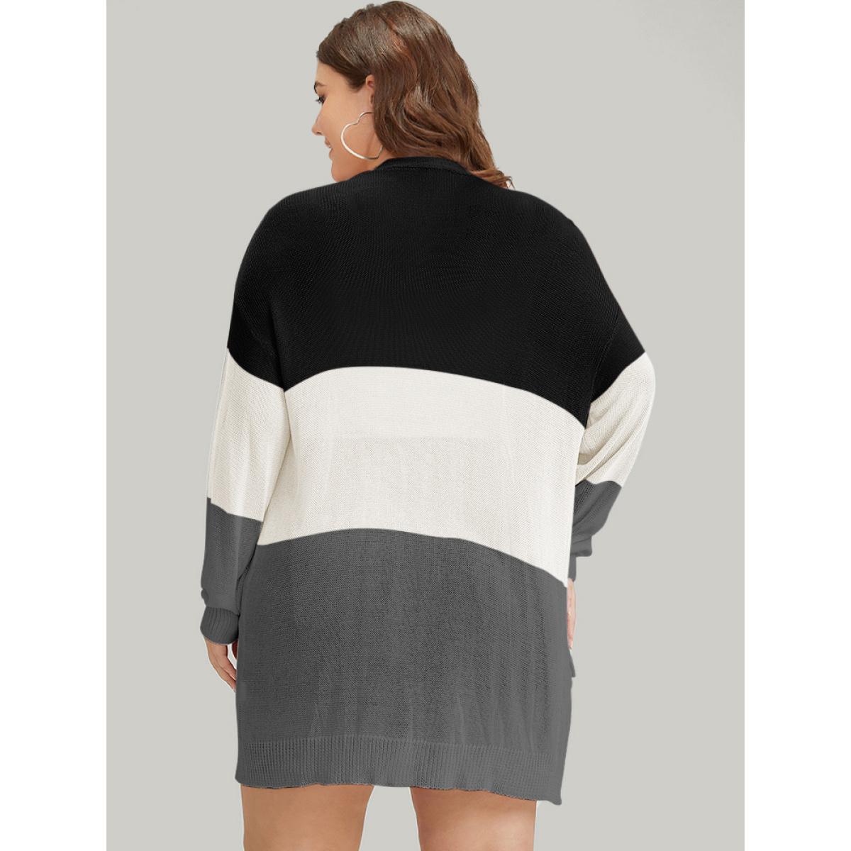 Plus Size Colorblock Pocket Drop Shoulder Elastic Cuffs Contrast Cardigan Black Women Casual Loose Long Sleeve Dailywear Cardigans BloomChic 10/M Product Image
