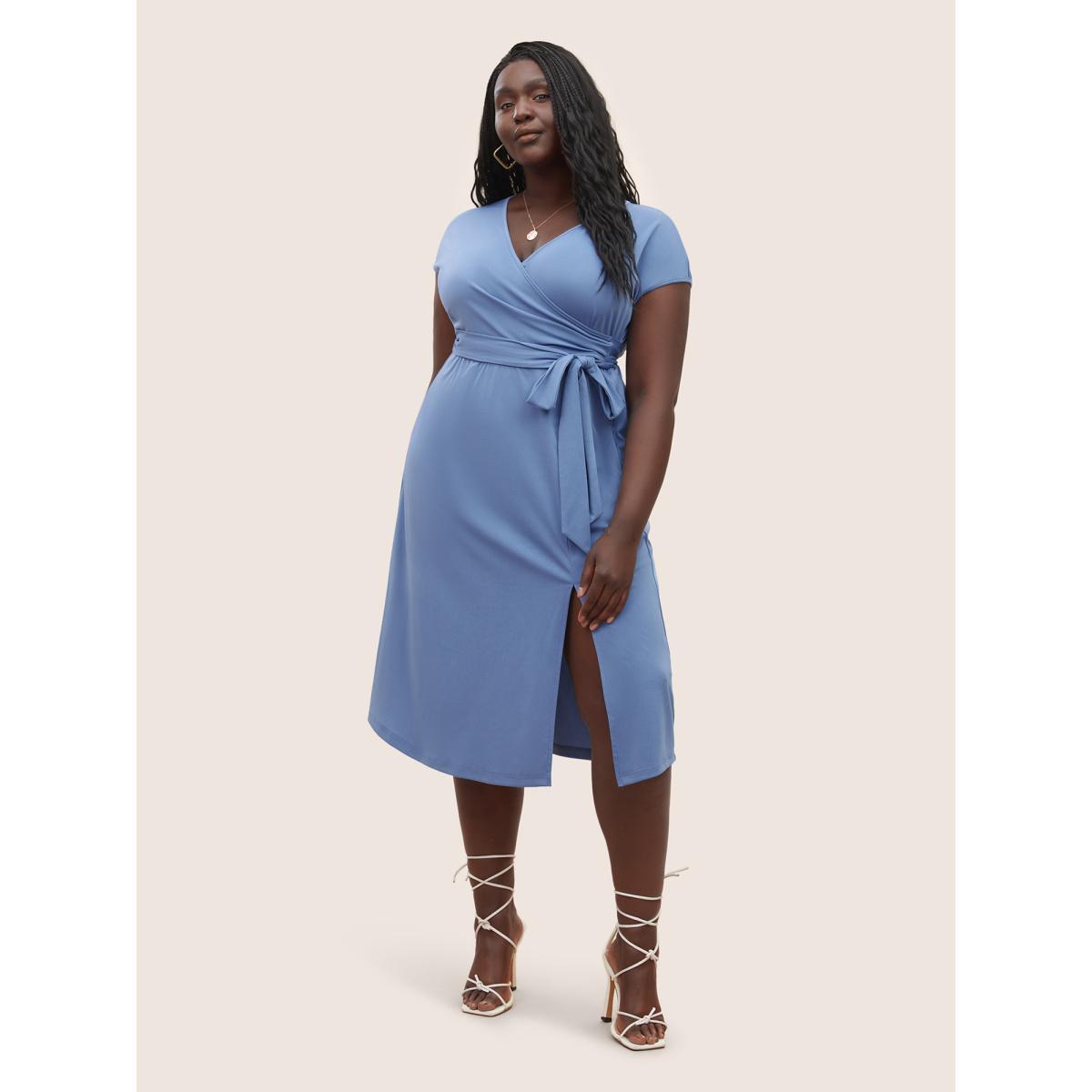 Plus Size Solid Ties Wrap Dolman Sleeve Split Side Dress Stone Women Basics Non Overlap Collar Cap Sleeve Curvy Midi Dress BloomChic 10/M Product Image