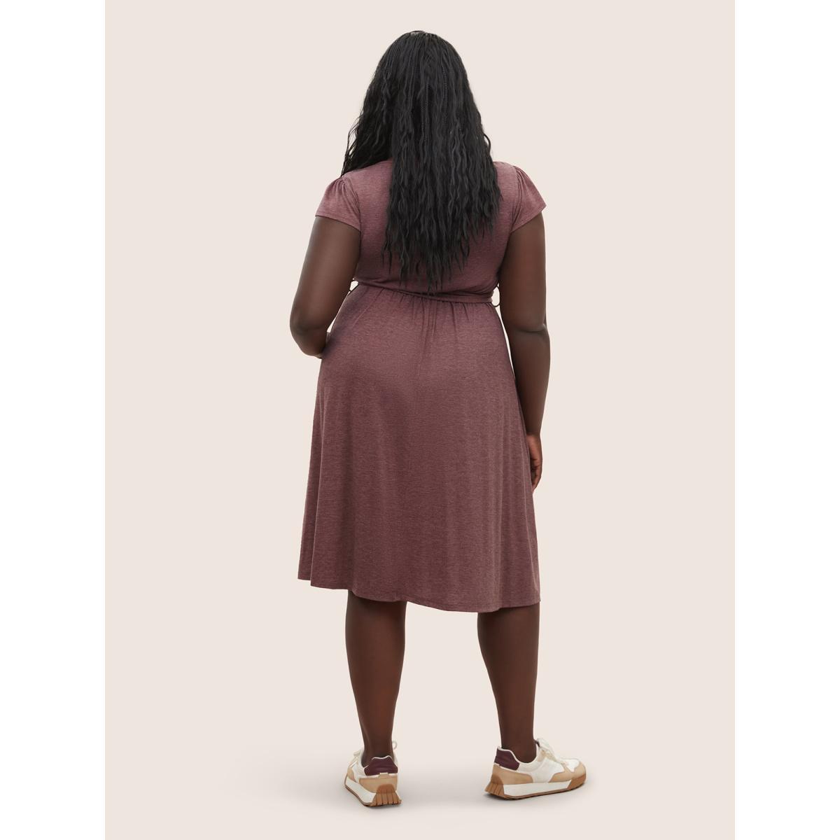 Plus Size Supersoft Essentials Shirred Ruffle Cap Sleeve Dress Scarlet Women Basics Non Round Neck Cap Sleeve Curvy Midi Dress BloomChic 10/M Product Image