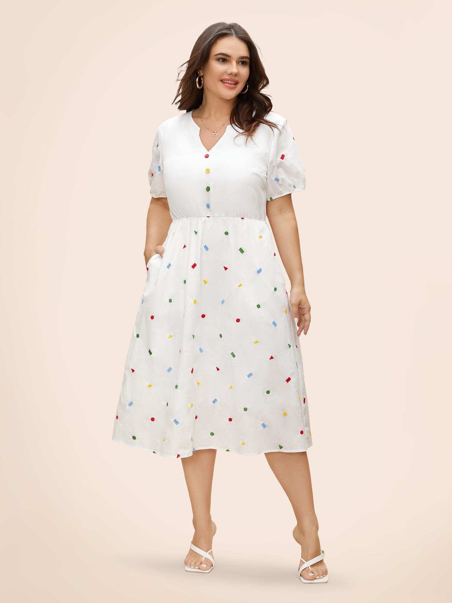 Plus Size Cotton Confetti Print Elastic Waist Midi Dress Originalwhite Women Elegant Gathered Notched collar Short sleeve Curvy BloomChic 22-24/3X Product Image