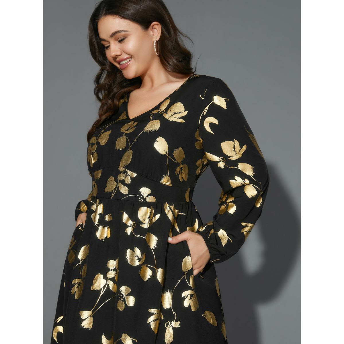 Plus Size Glitter Silhouette Floral Print Elastic Waist Dress BlackFlower Women Cocktail Non Party Curvy Bloomchic 10/M Product Image