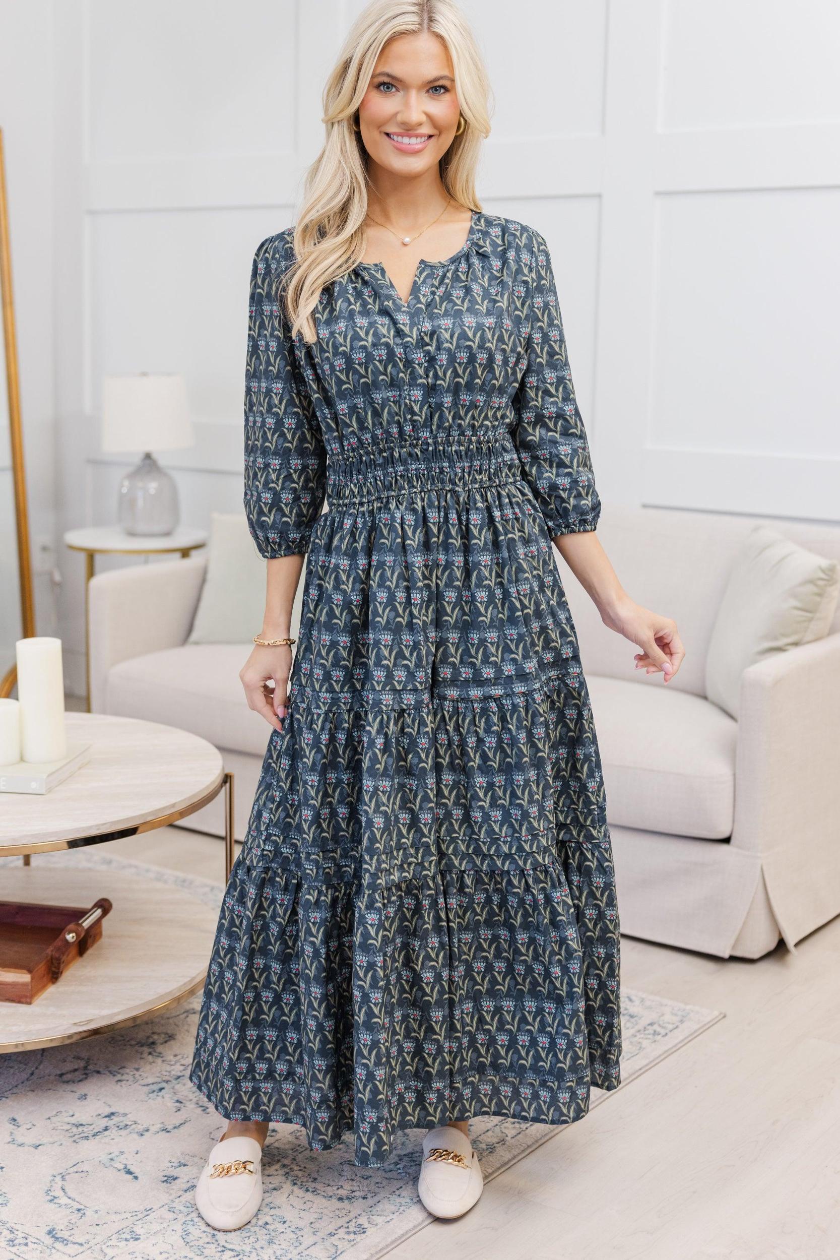 NURSING COLLECTION: It's In The Air Navy Blue Medallion Tiered Midi Dress Female Product Image