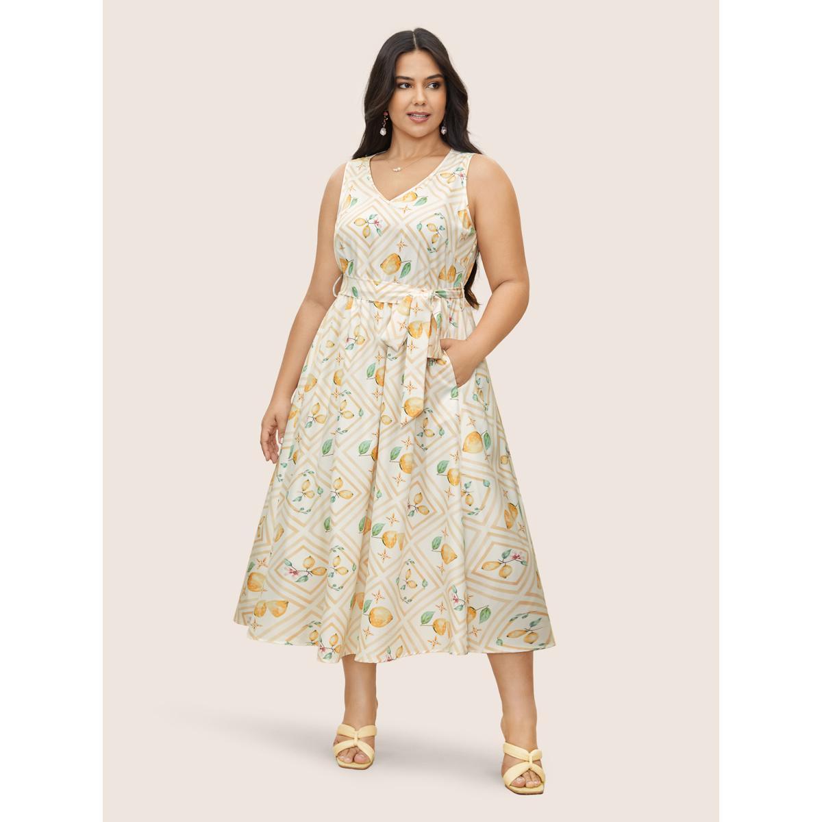 Plus Size Citrus Lemon Print Gathered Belted Tank Dress Ivory Women Elegant Belted V-neck Sleeveless Curvy Midi Dress BloomChic 10/M Product Image