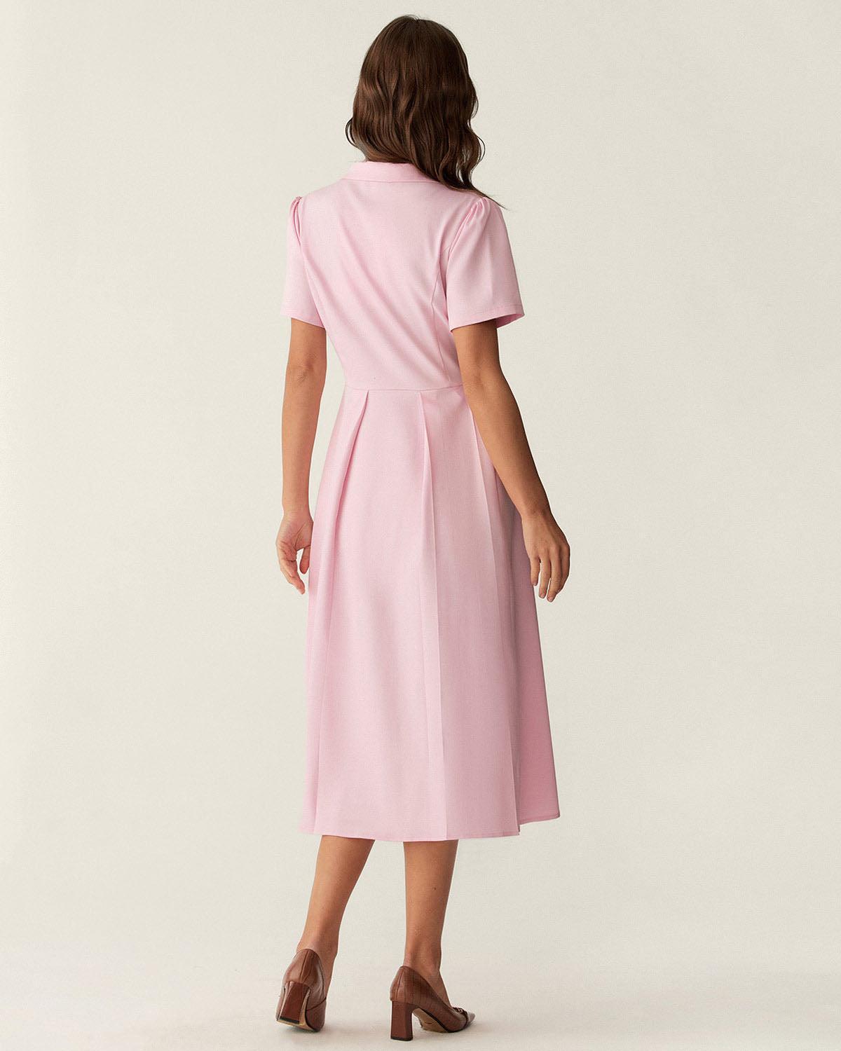 Pink V Neck Pleated Button Midi Dress Product Image