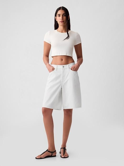 11.5" Mid Rise Metallic Longline Denim Shorts Product Image