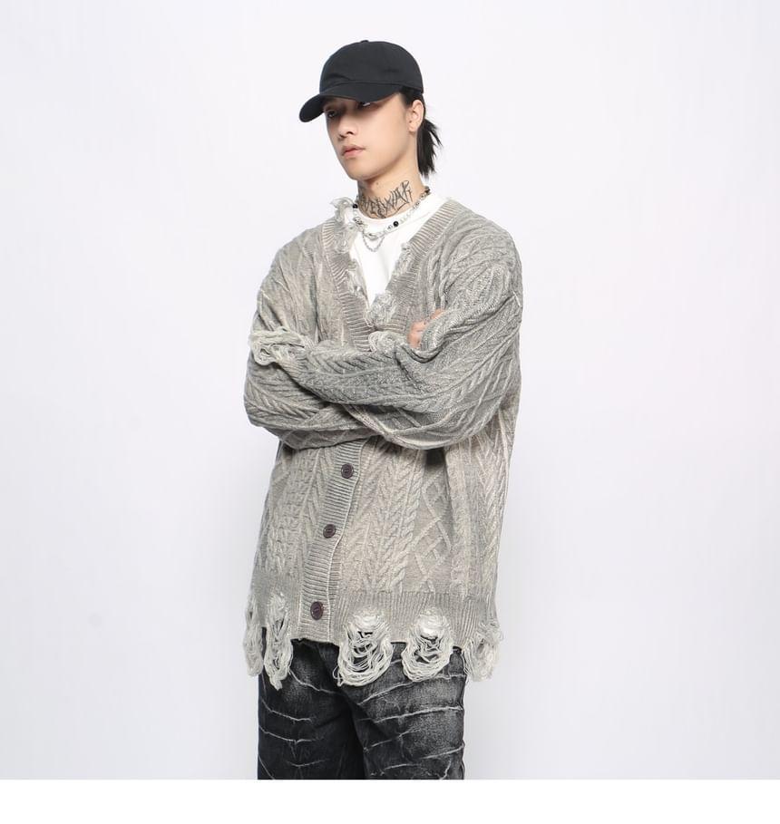 V-Neck Plain Distressed Cable-Knit Cardigan Product Image
