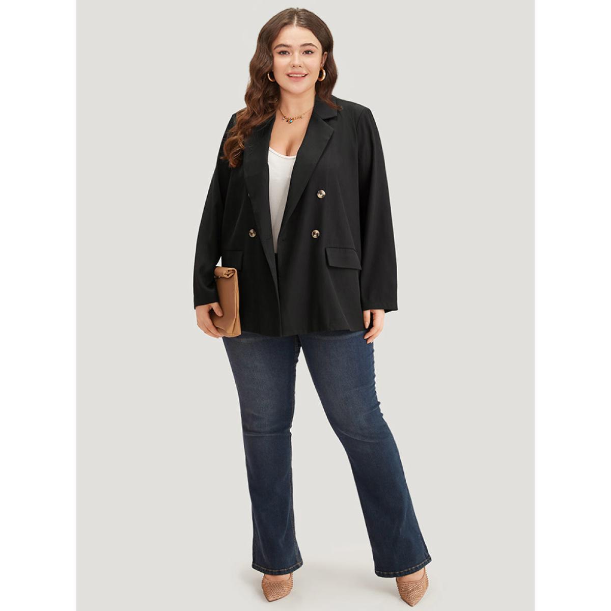 Plus Size Plain Suit Collar Pocket Double Breasted Blazer Black Women Work Plain Plain Sleeve Long Sleeve Suit Collar 18-20/2X Pocket Workwear Essentials Blazers BloomChic Product Image