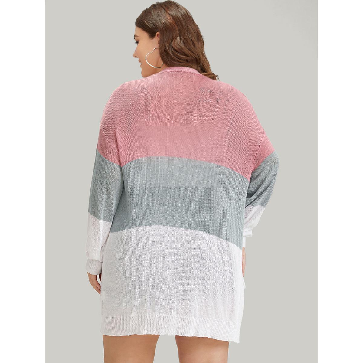 Plus Size Colorblock Pocket Drop Shoulder Elastic Cuffs Contrast Cardigan Pink Women Casual Loose Long Sleeve Dailywear Cardigans BloomChic 18-20/2X Product Image