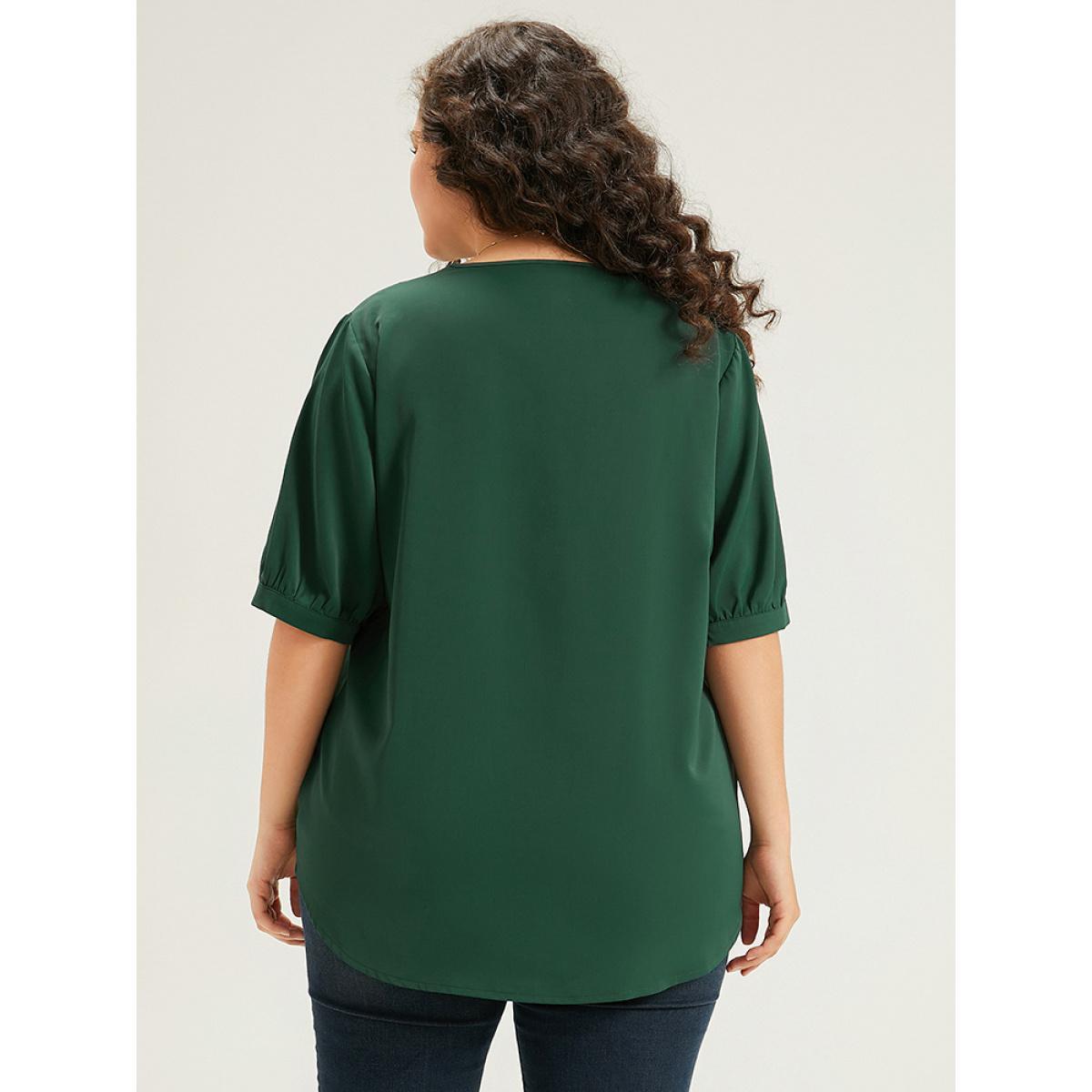 Plus Size DarkGreen Button Detail Plicated Detail Blouse Women Office Half Sleeve V-neck Work Blouses BloomChic 18-20/2X Product Image