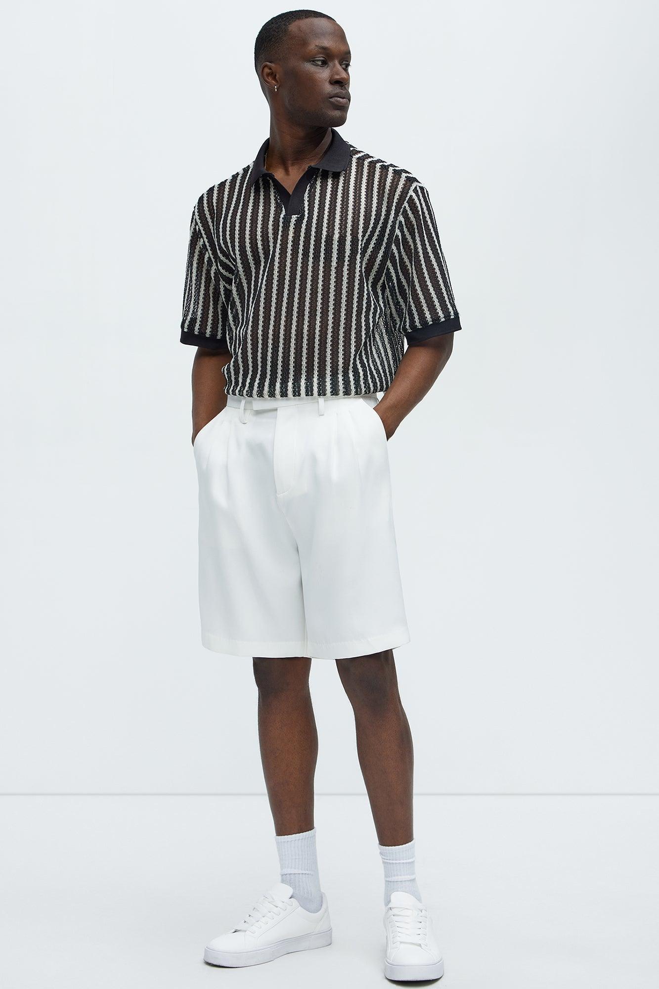 Striped Textured Johnny Collar Polo - Black/combo Product Image