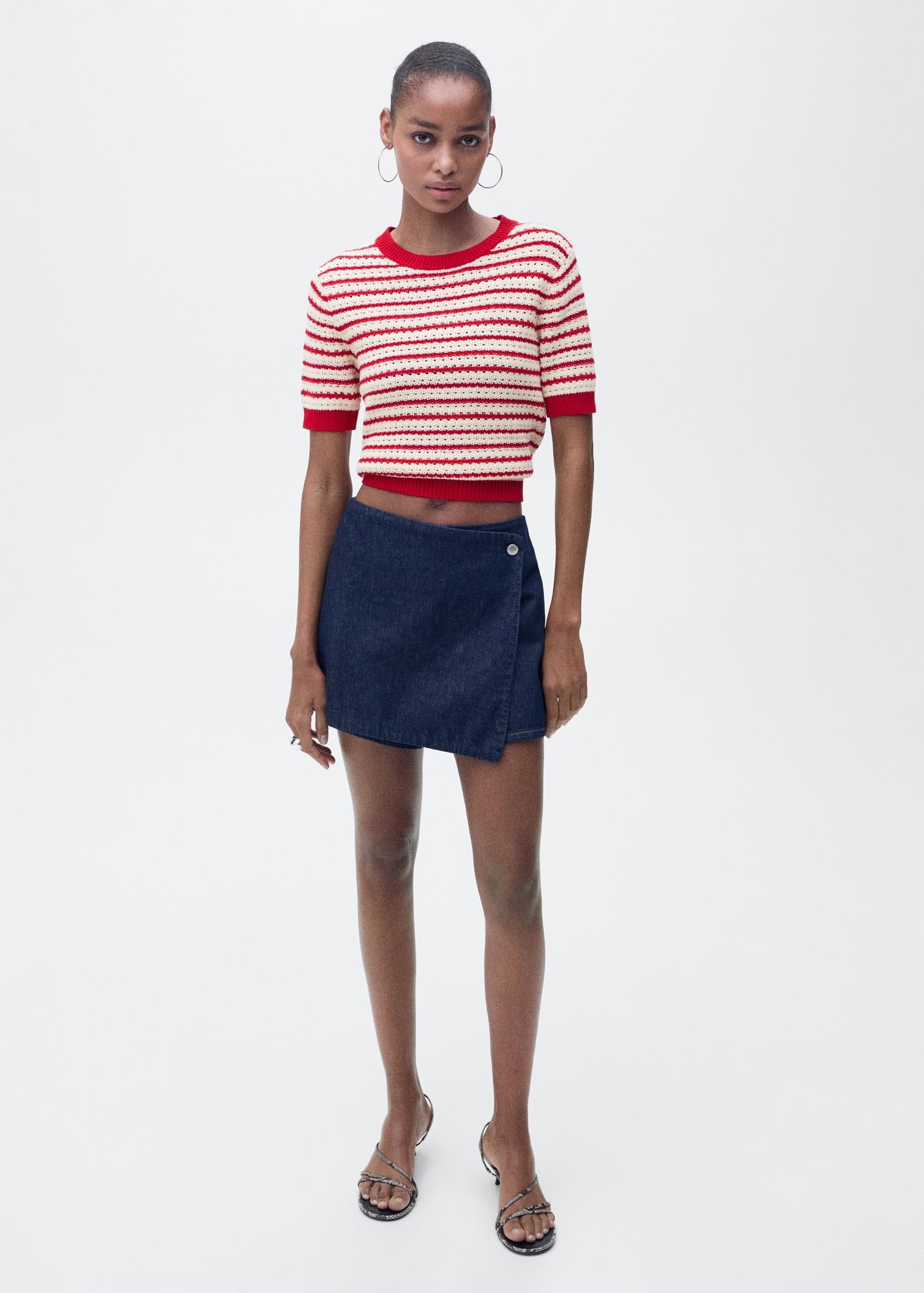 Striped short-sleeved crochet sweater - Women | MANGO USA Product Image