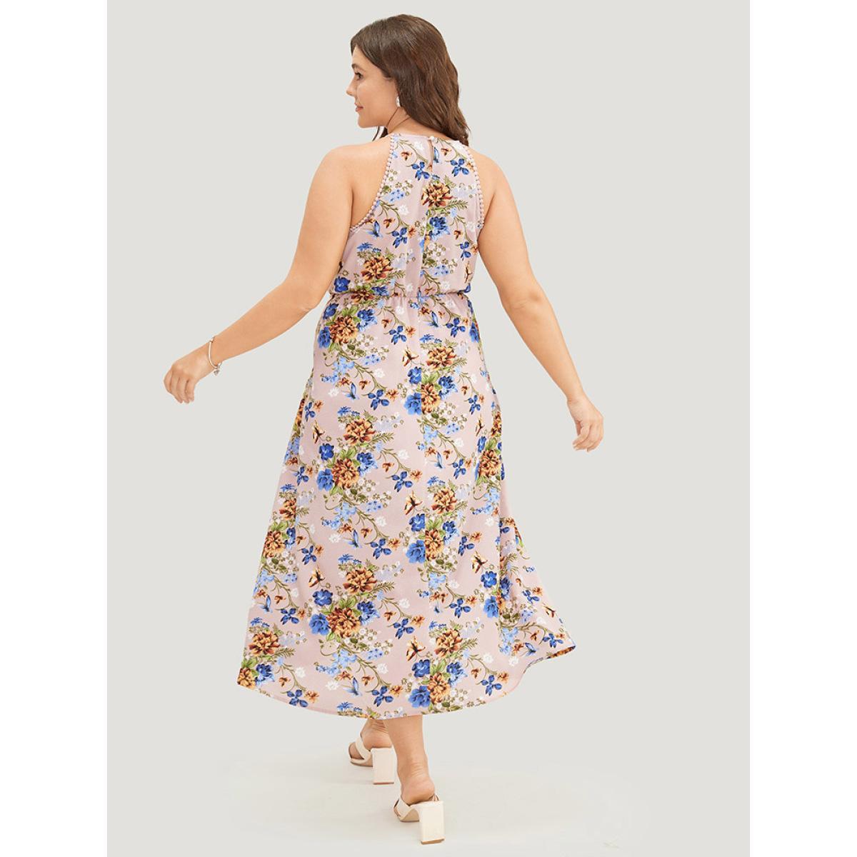 Plus Size Floral Pocket Lace Insert Split Pompom Trim Halter Dress Pink Women Elegant Lace Halter neck Sleeveless Curvy Midi Dress BloomChic 30/6X Product Image