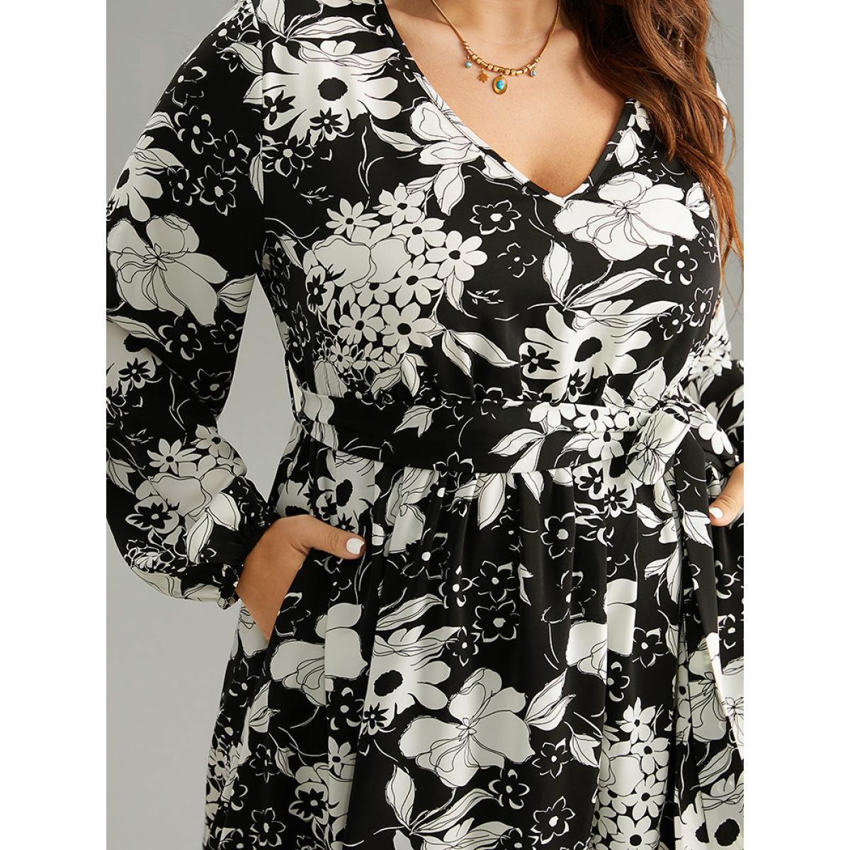 Plus Size Floral Belted V Neck Lantern Sleeve Dress Black Women Casual Elastic cuffs V-neck Long Sleeve Curvy Midi Dress BloomChic 28/5X Product Image