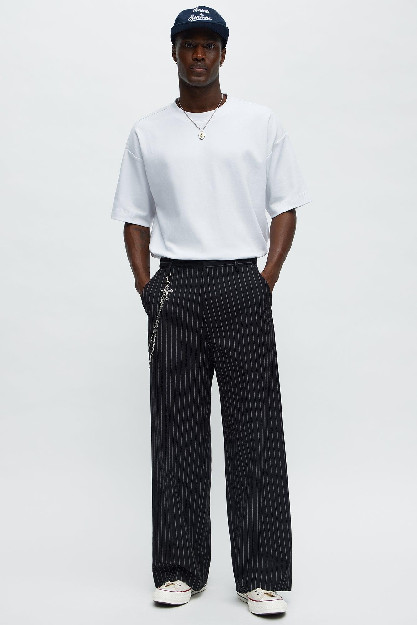 Wide Leg Straight Striped Trousers - Black Product Image