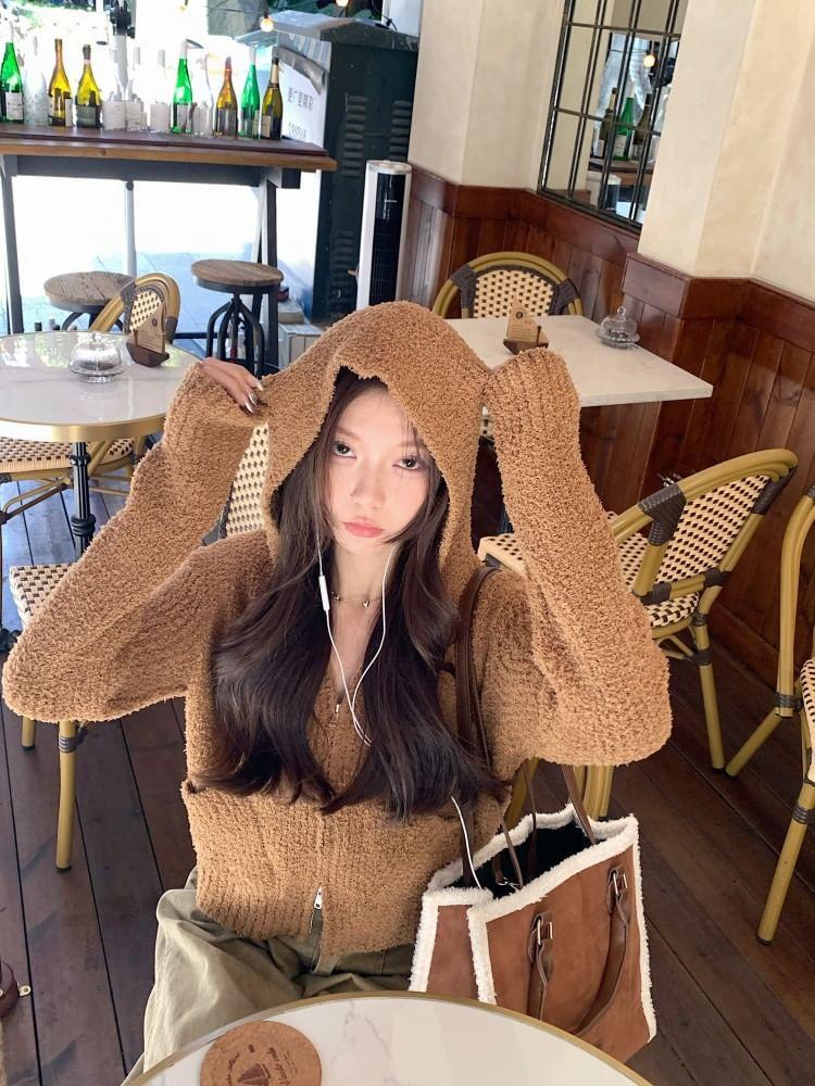 Plain Hooded Cropped Zip Cardigan Product Image