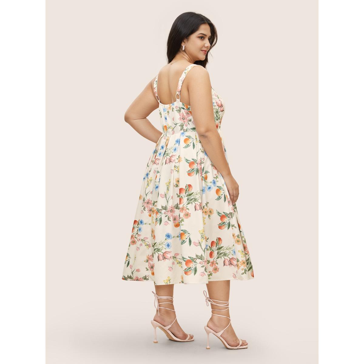 Plus Size Citrus Orange Print Plicated Detail Cami Dress Apricot Women Elegant Pleated Non Sleeveless Curvy BloomChic 30/6X Product Image