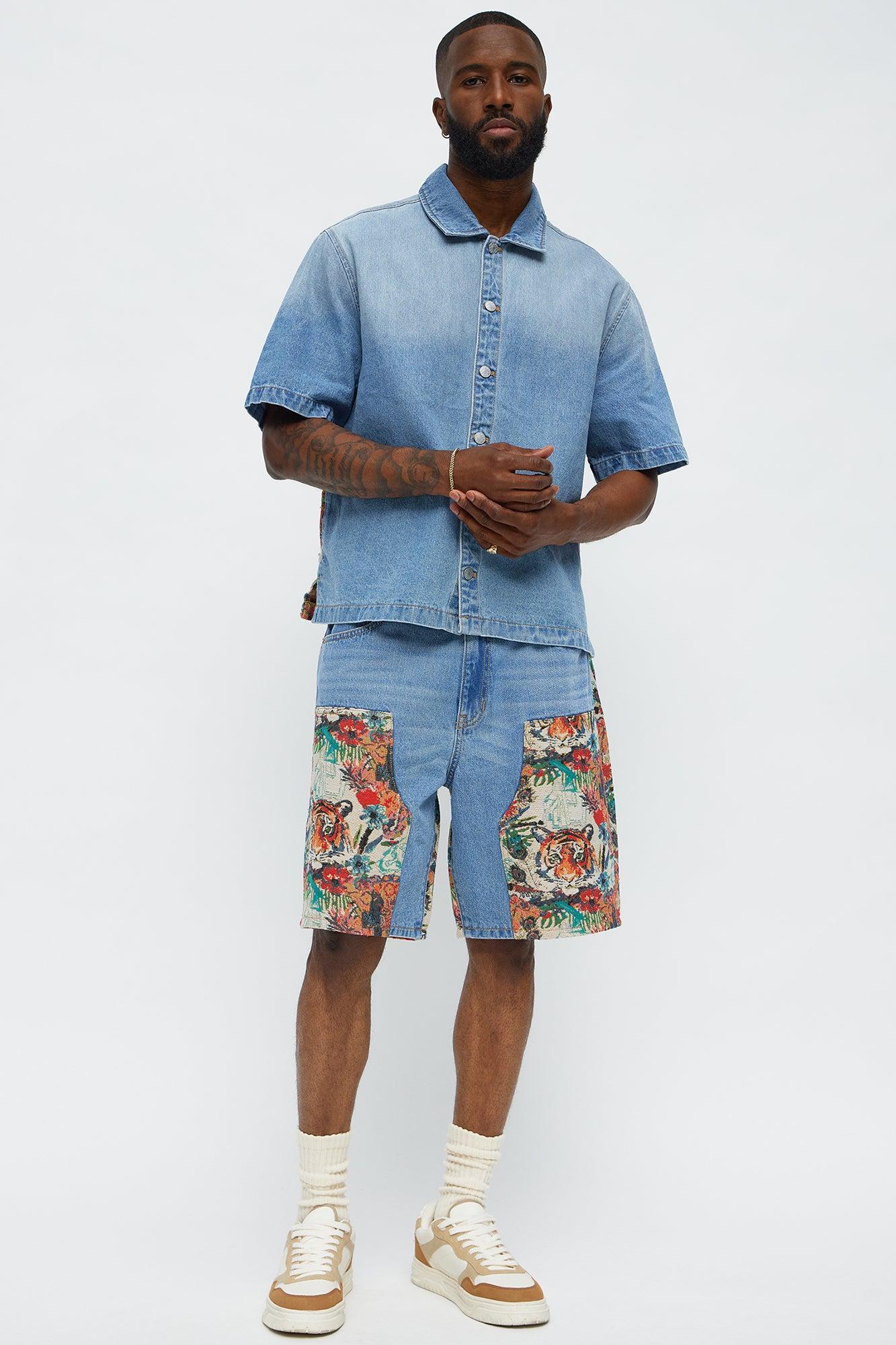 Relaxed Ansel Tapestry Denim Short Sleeve Shirt - Blue/combo Male Product Image
