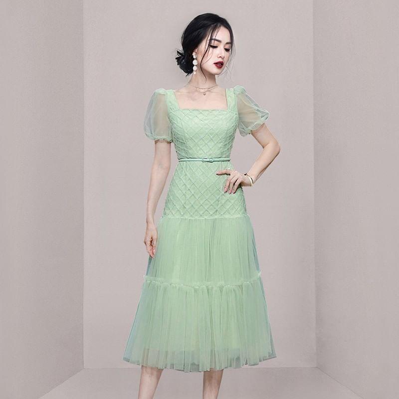 Puff Short-Sleeve Square Neck Plain Sheer Panel Midi A-Line Dress Product Image