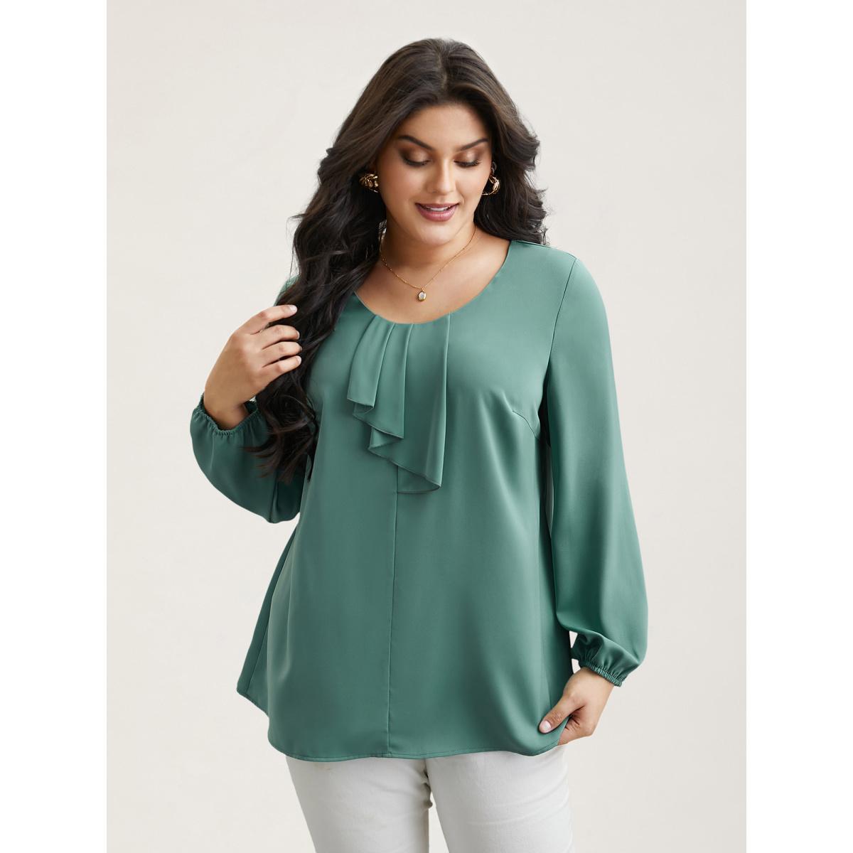 Plus Size Greenbean Ruffle Frill Trim Plain Lantern Sleeve Blouse Women Elegant Extra Long Sleeve Asymmetrical Neck Everyday Blouses BloomChic 28/5X Product Image