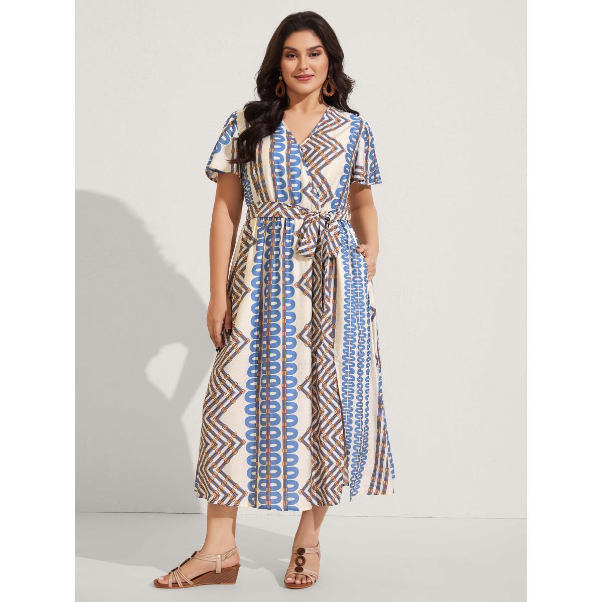 Plus Size Stripe Geometric Print Slit Maxi Dress Aegean Women Overlap Collar Sleeveless Curvy BloomChic 18-20/2X Product Image