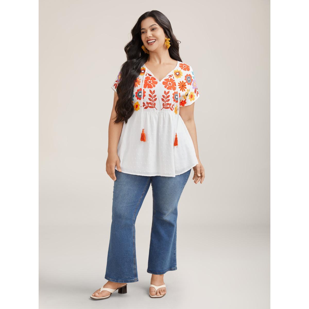 Plus Size WhiteSmoke Floral Print Neck-Tie Babydoll Top Women Resort Short sleeve Non Vacation Blouses BloomChic 10/M Product Image