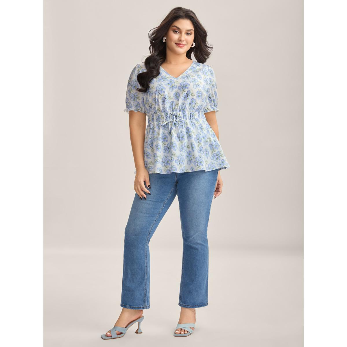 Plus Size Skyblue Breezy Floral Print Drawstring Babydoll Top Women Short sleeve V-neck Everyday-Elegant Blouses BloomChic 28/5X Product Image