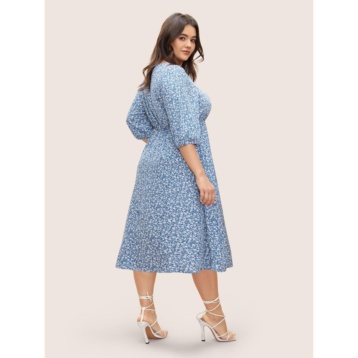 Plus Size Ditsy Floral Print Square Neck Split Hem Dress Cerulean Women Elegant Non Square Neck Elbow-length sleeve Curvy Midi Dress BloomChic 28/5X Product Image