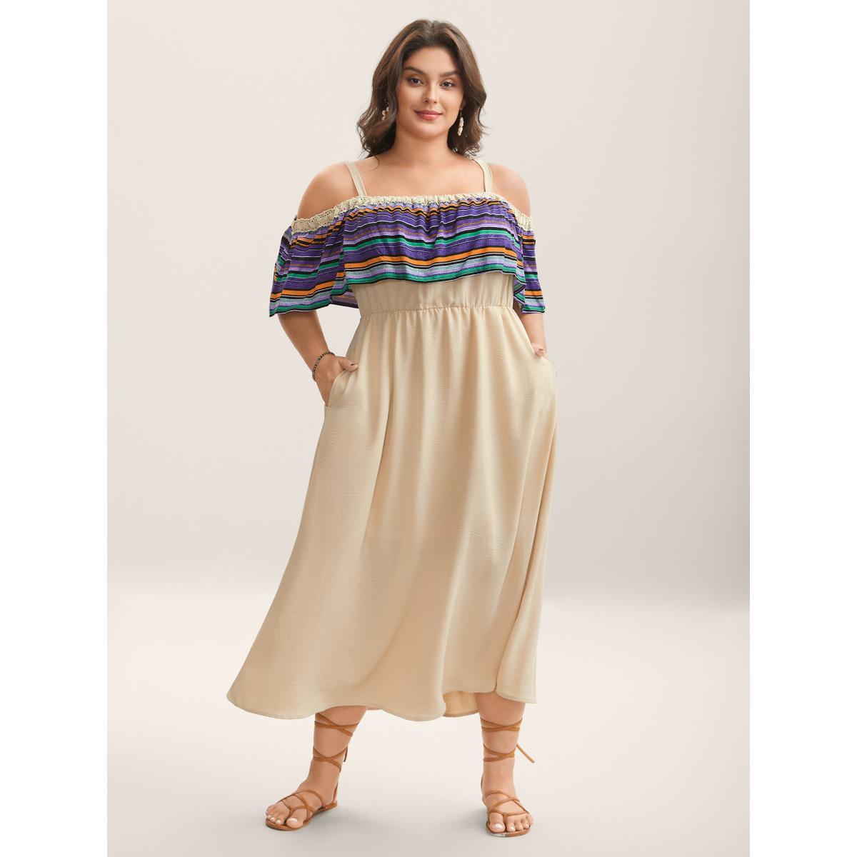 Plus Size Cold-Shoulder Textured Striped Pockets Midi Dress Apricot Women One-shoulder neck Sleeveless Curvy BloomChic 14-16/1X Product Image
