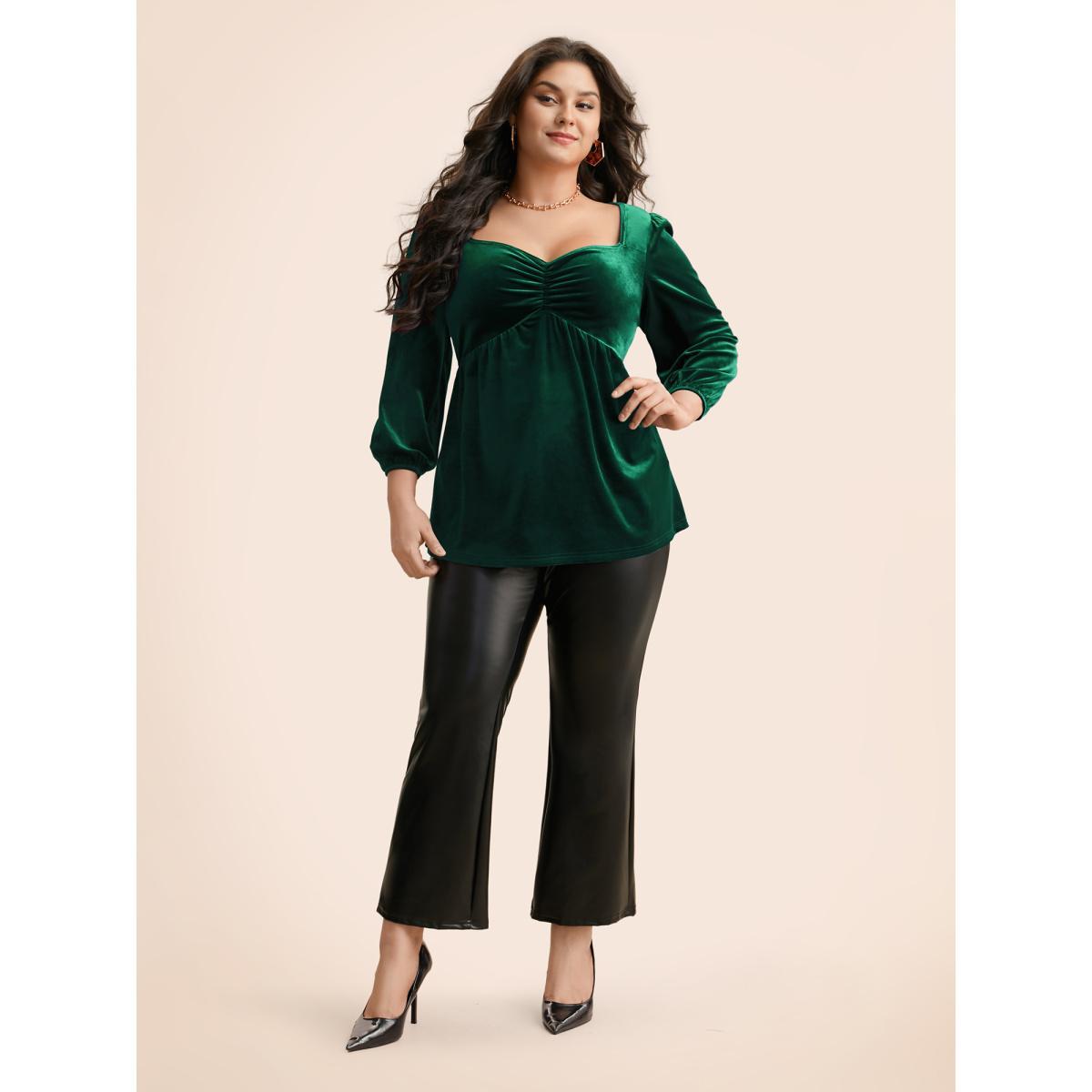Plus Size Eggplant Velvet Heart Neckline Gathered Blouse Women Elegant Three Quater Length Sleeve Heart neckline Everyday Blouses BloomChic 12/L Product Image