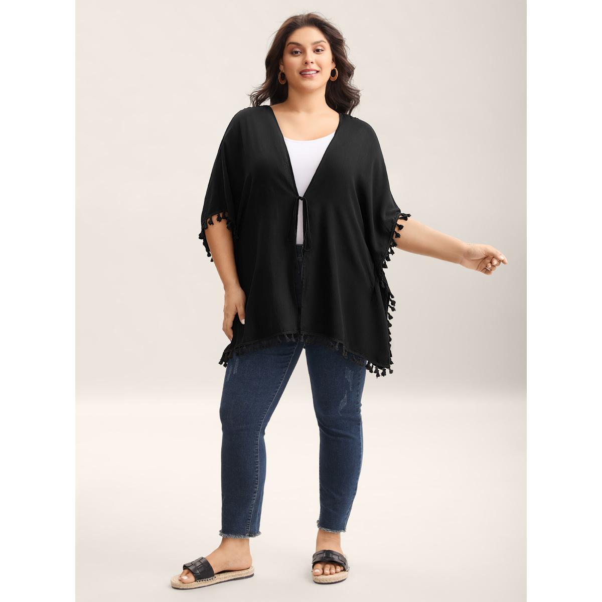 Plus Size Backless Front-Tie Tassels Kimono Women Black Tie knot Loose Vacation Kimonos BloomChic 14-16/1X Product Image