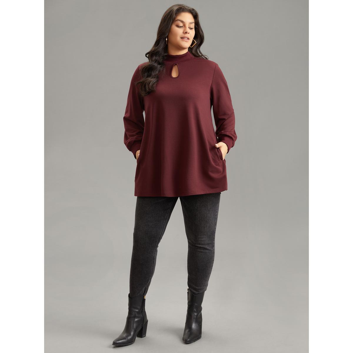 Plus Size Rib Knit Pocket Cut Out Front Sweatshirt Women Raspberry Casual Rib Knit Keyhole Cut-Out Dailywear Sweatshirts BloomChic 18-20/2X Product Image