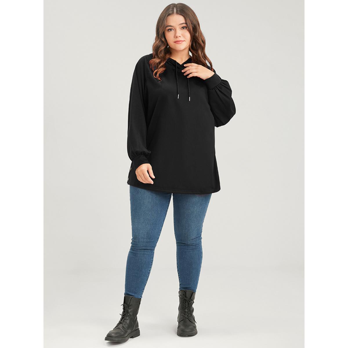 Plus Size Solid Button Side Drop Shoulder Hooded Sweatshirt Women Black Casual Button Hooded Dailywear Sweatshirts BloomChic 10/M Product Image