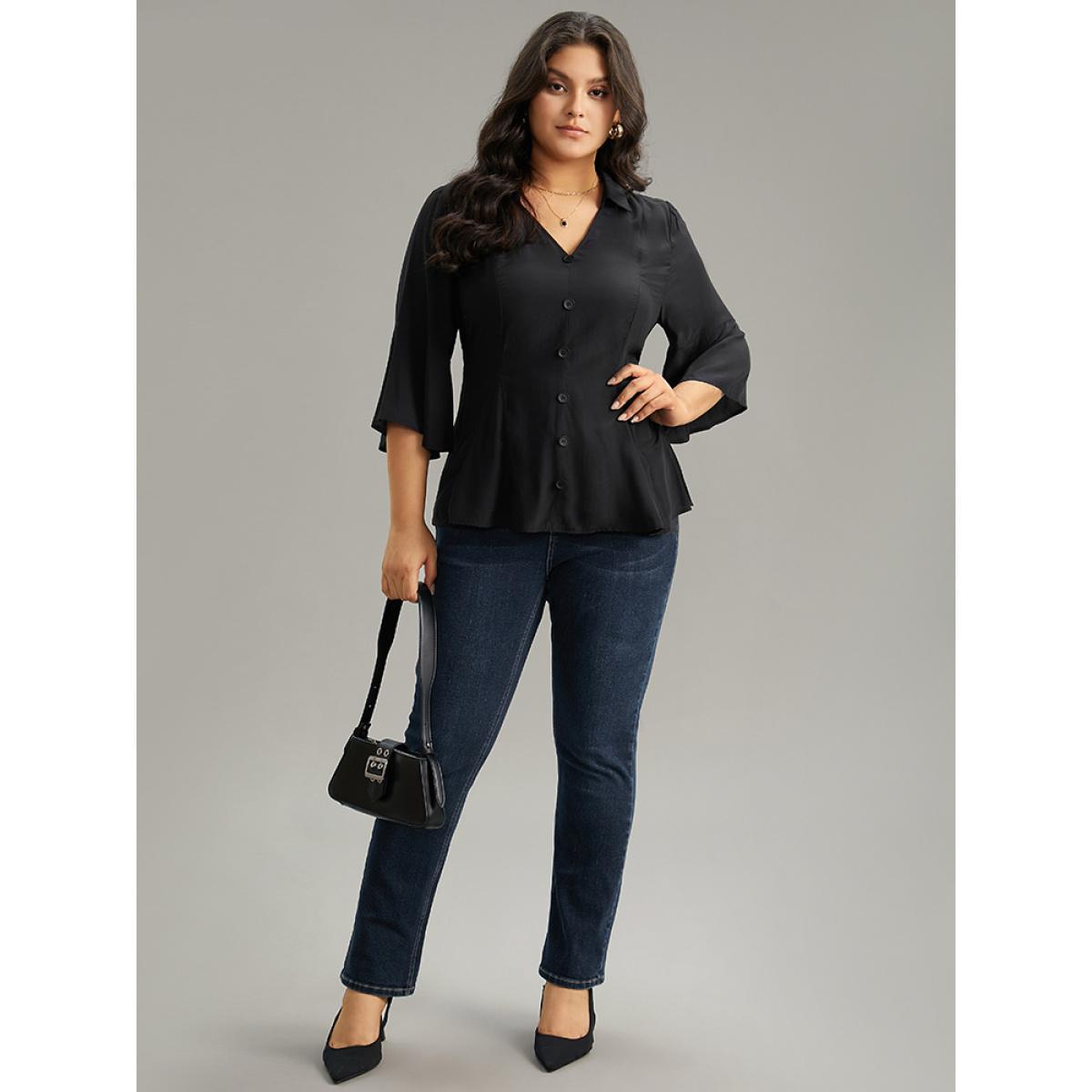 Plus Size Black Plain Button Detail Bell Sleeve Blouse Women Office Elbow-length sleeve Shirt collar Work Blouses BloomChic 10/M Product Image