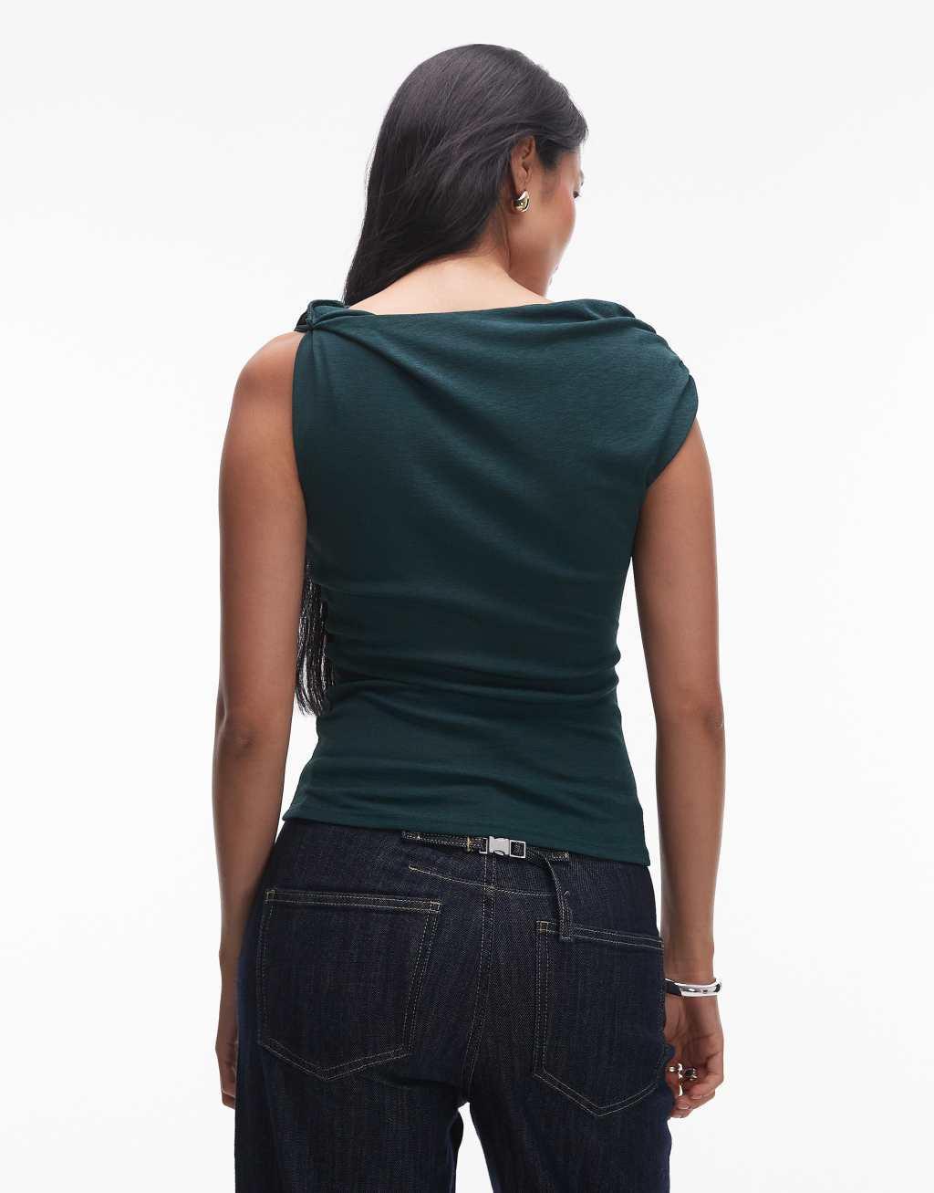 Topshop asymmetric knot shoulder top in dark green Product Image