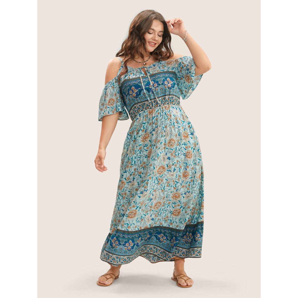 Plus Size Floral Print Pocket Keyhole Ruffles Cold Shoulder Maxi Dress Emerald Women Resort Non Non Half Sleeve Curvy Long Dress BloomChic 12/L Product Image