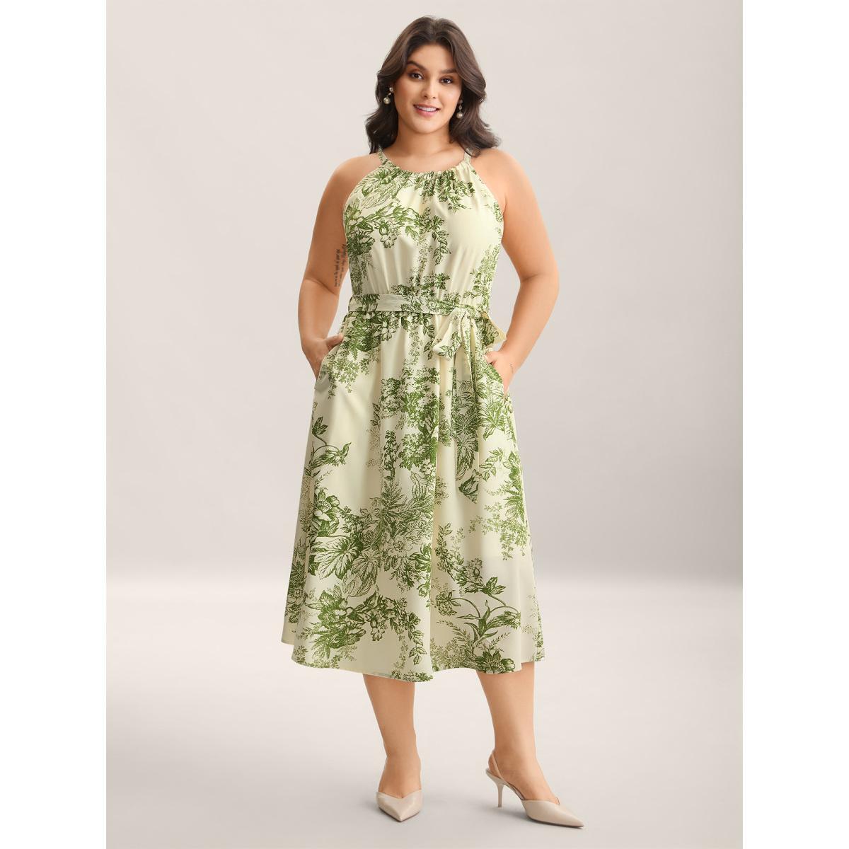 Plus Size Spring Time Florals Sleeveless Midi Dress Moss Women Elegant Gathered Halter neck Sleeveless Curvy BloomChic 26/4X Product Image