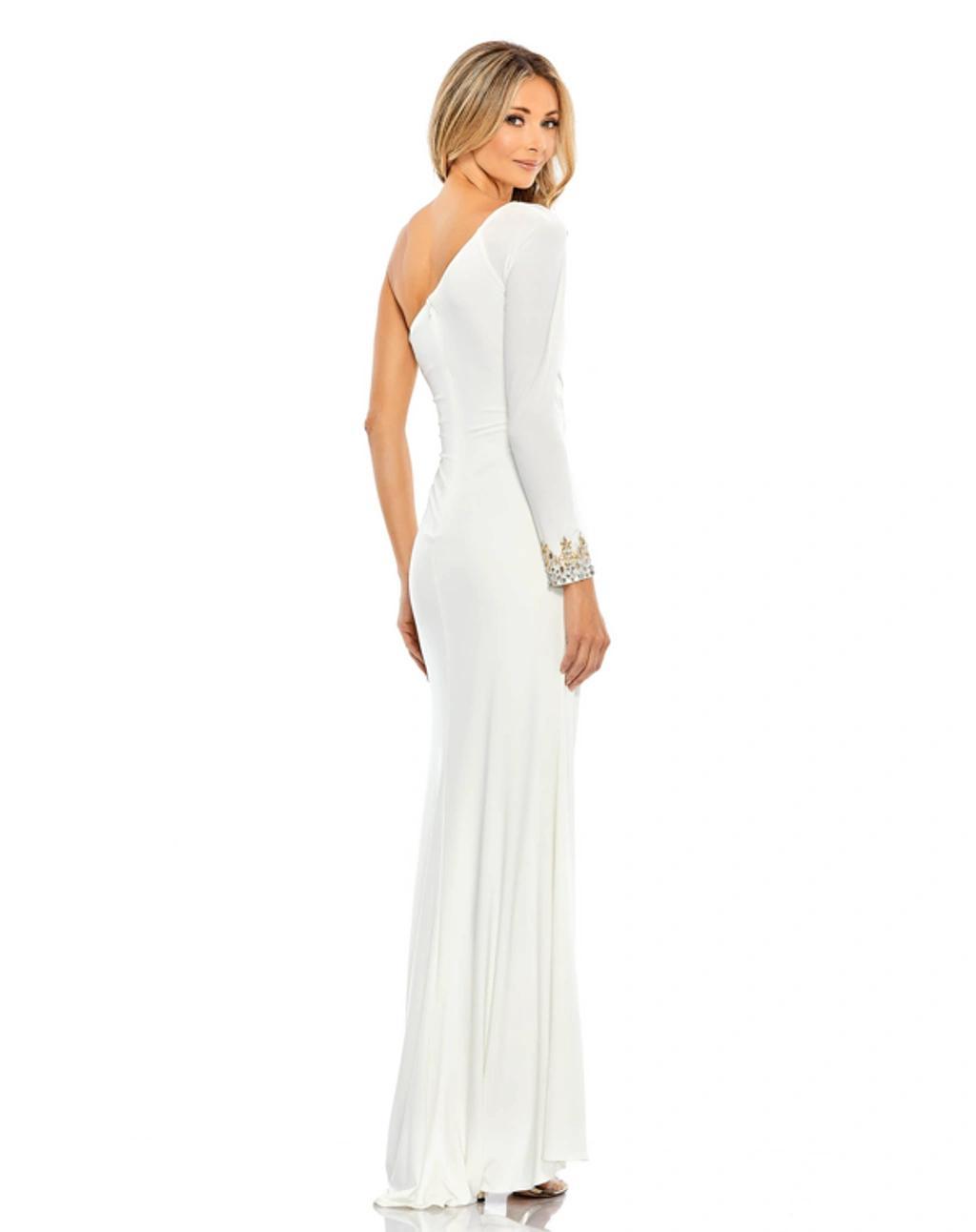 One-shoulder Jersey Ruched Side Slit Gown In White Product Image