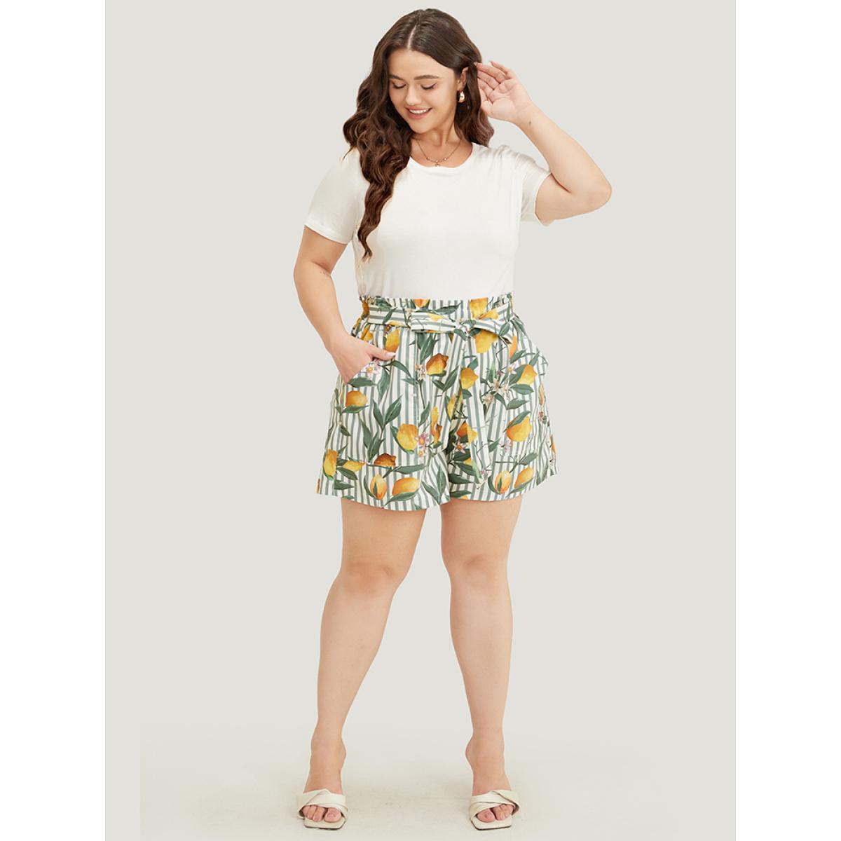 Plus Size Lemon & Striped Print Paperbag Waist Pocket Knot Front Shorts Women Sage Vacation Knotted Loose Dailywear Shorts BloomChic 22-24/3X Product Image