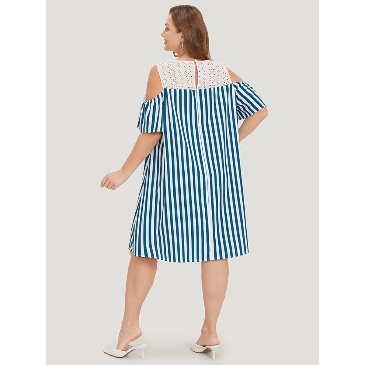 Plus Size Laser Cut Pocket Striped Patchwork Keyhole Dress Aegean Women Office Patchwork Round Neck Short sleeve Curvy Knee Dress BloomChic 14-16/1X Product Image