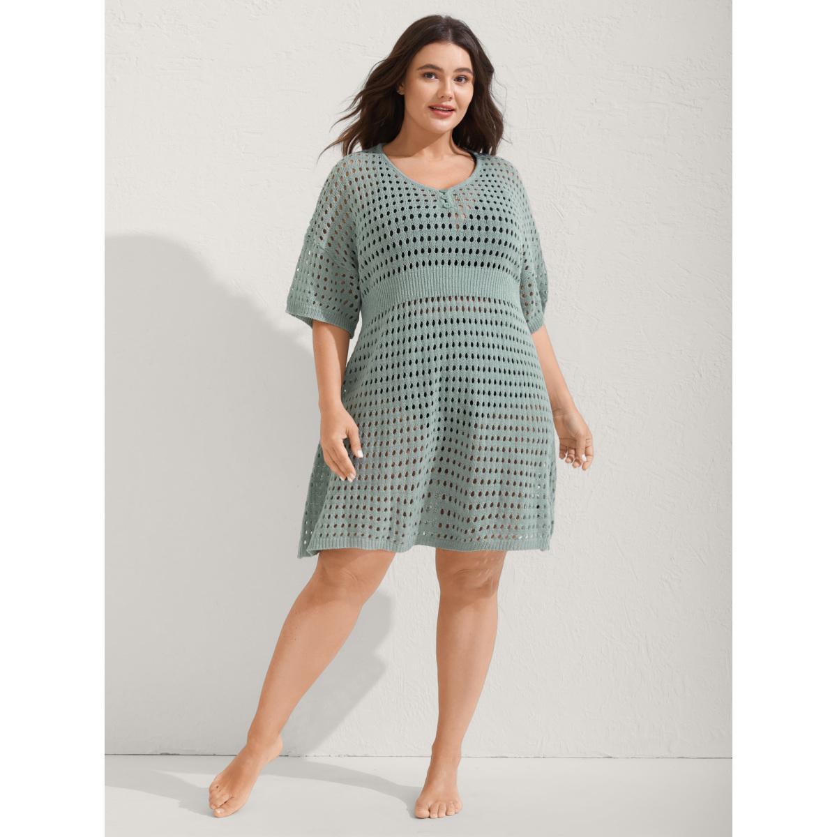 Plus Size Cut-Out Waist-Cinched Button Swim Cover-Up Women's Swimwear Mint Beach Loose Cut-Out Curve Swim Cover Ups BloomChic 22-24/3X Product Image