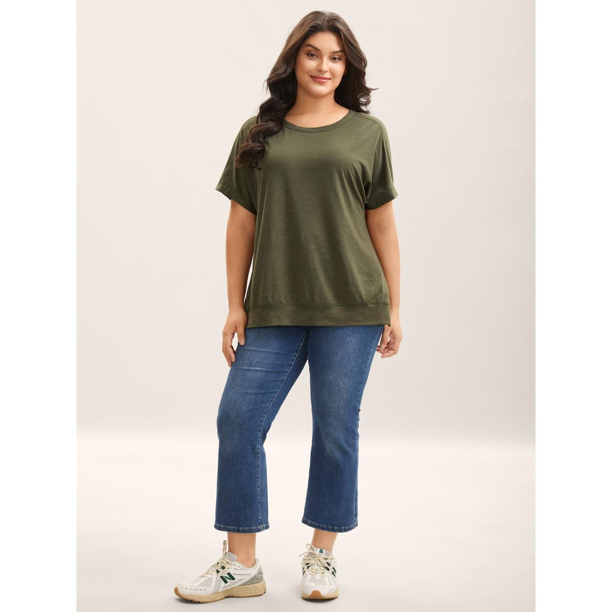 Plus Size Backless Plain Flowy T-Shirt ArmyGreen Women Overlapping Round Neck Everyday-Casual T-shirts BloomChic 22-24/3X Product Image
