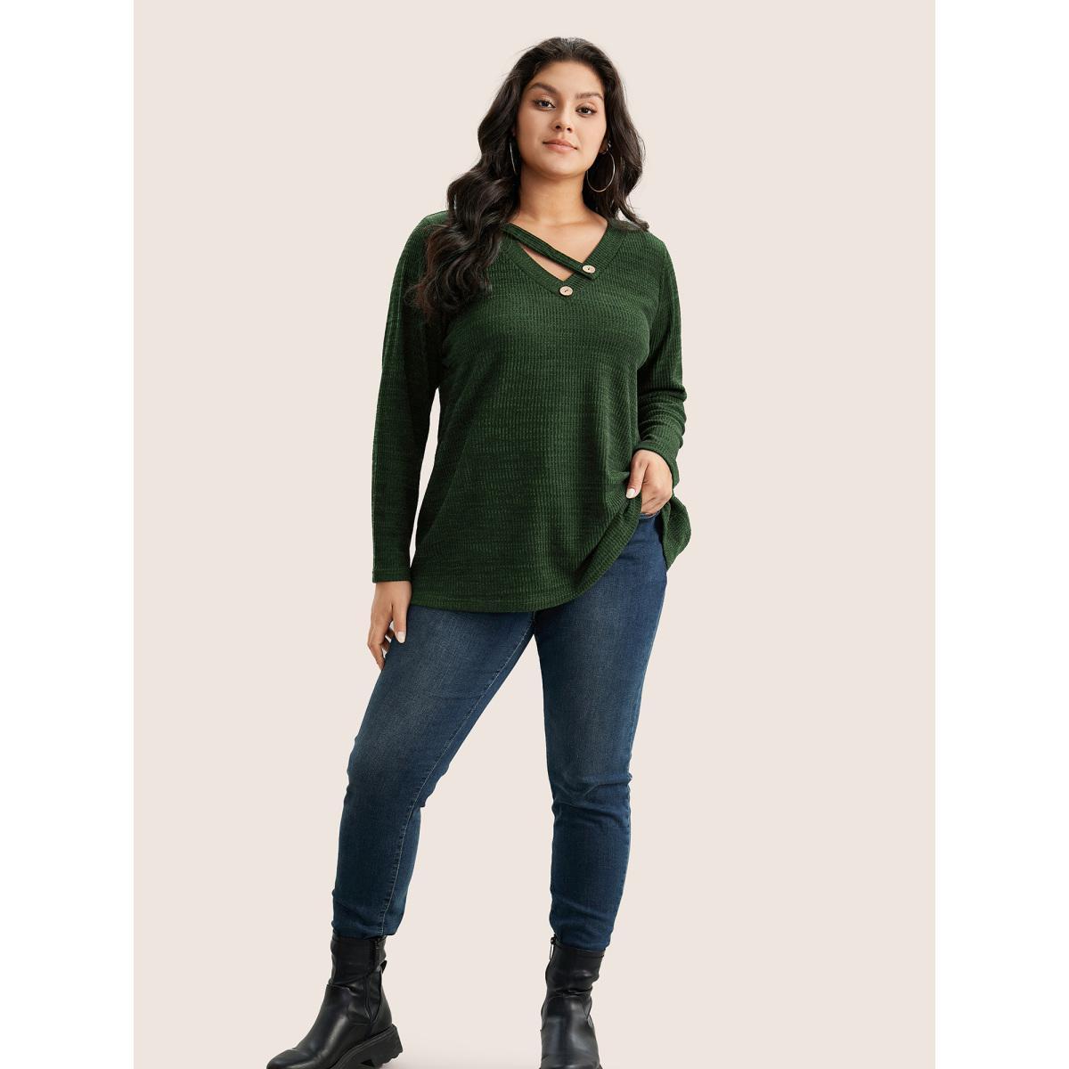 Plus Size Solid Rib Knit Button Detail T-shirt Red Women Casual Non Plain V-neck Everyday T-shirts BloomChic 22-24/3X Product Image