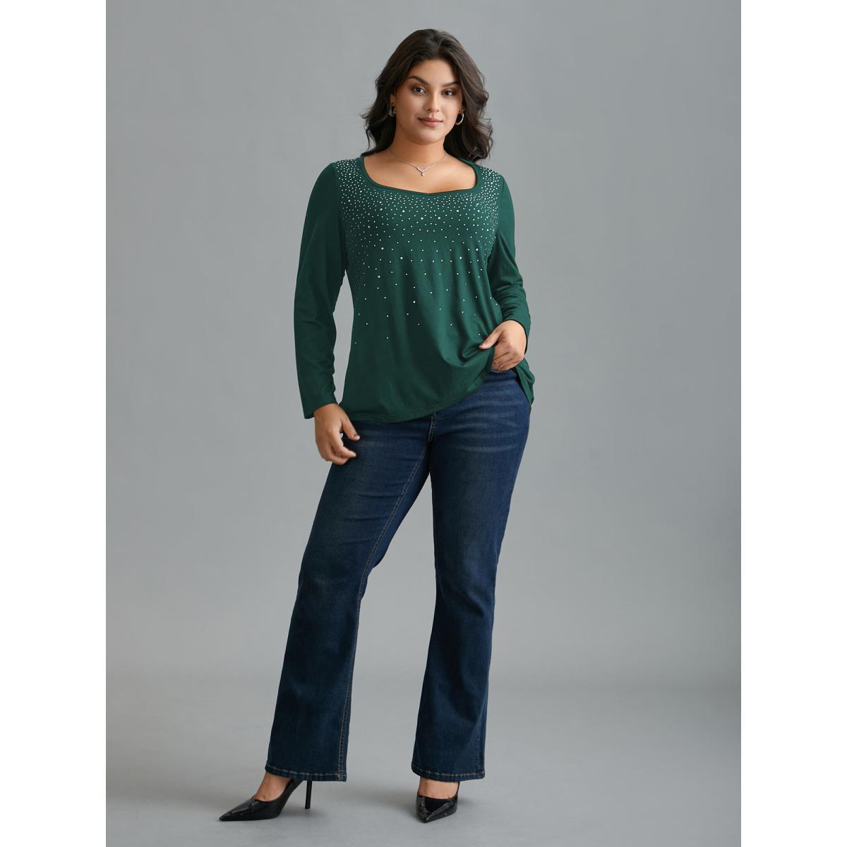 Plus Size Sequin Stretchy Long Sleeve T-shirt DarkGreen Women Elegant Rhinestone detailing Heart neckline Everyday T-shirts BloomChic 22-24/3X Product Image