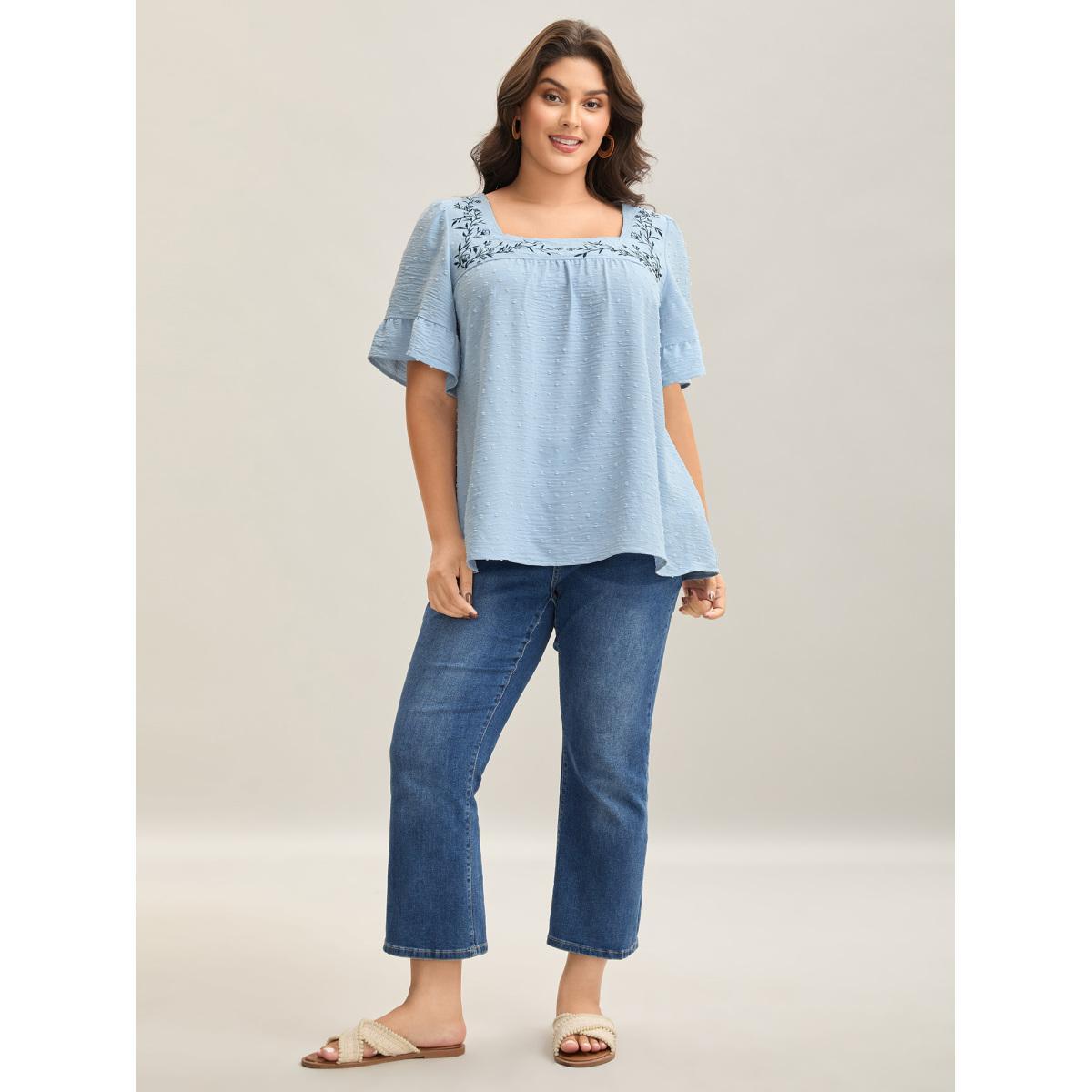 Plus Size LightBlue Textured Floral Embroidered Flared Sleeve Shirt Women Resort Short sleeve Square Neck Vacation Blouses BloomChic 12/L Product Image