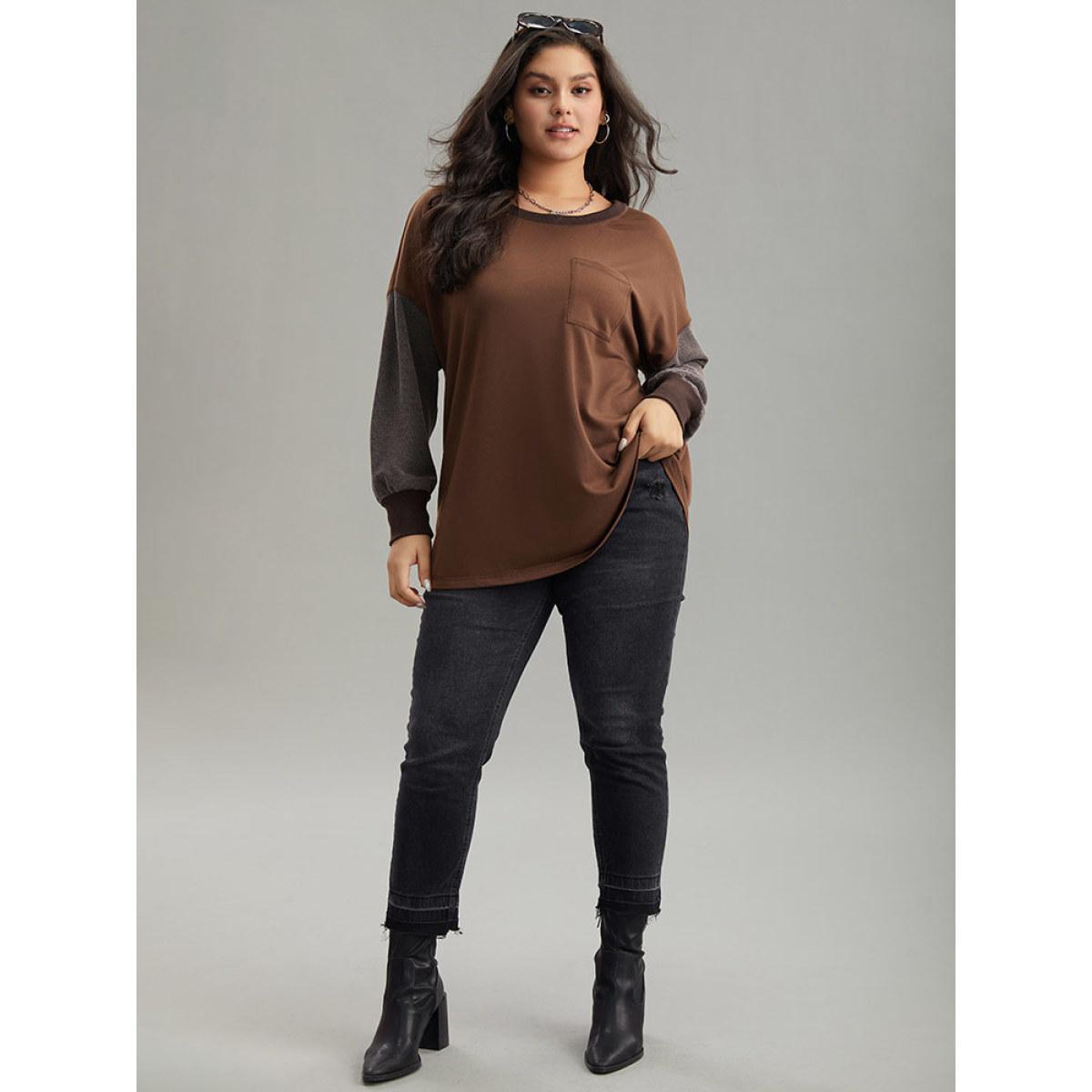 Plus Size Two Tone Patched Pocket Drop Shoulder Sweatshirt Women DarkBrown Casual Elastic cuffs Round Neck Everyday Sweatshirts BloomChic 22-24/3X Product Image