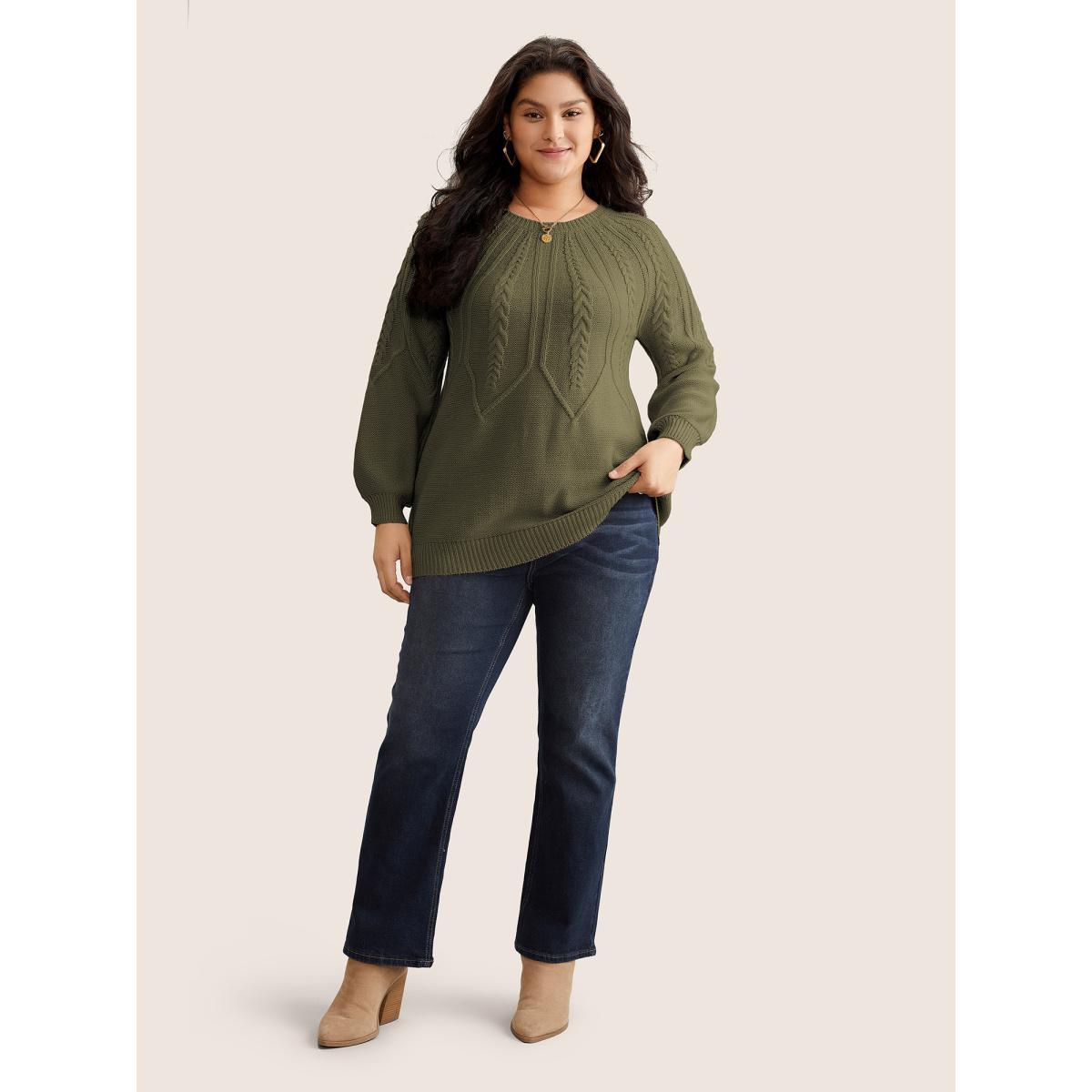 Plus Size Solid Textured Lantern Sleeve Pullover ArmyGreen Women Basics Long Sleeve Round Neck Everyday Pullovers BloomChic 18-20/2X Product Image
